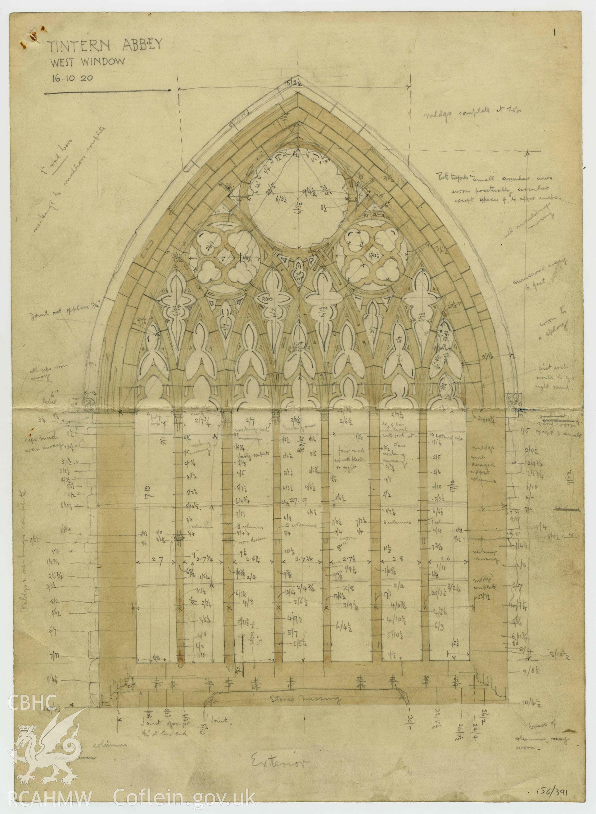 Cadw guardianship monument drawing, colour-wash measured drawing of exterior of west window, with incomplete pencil sketch of interior on reverse, Tintern Abbey.  Dated 16th October 1920.