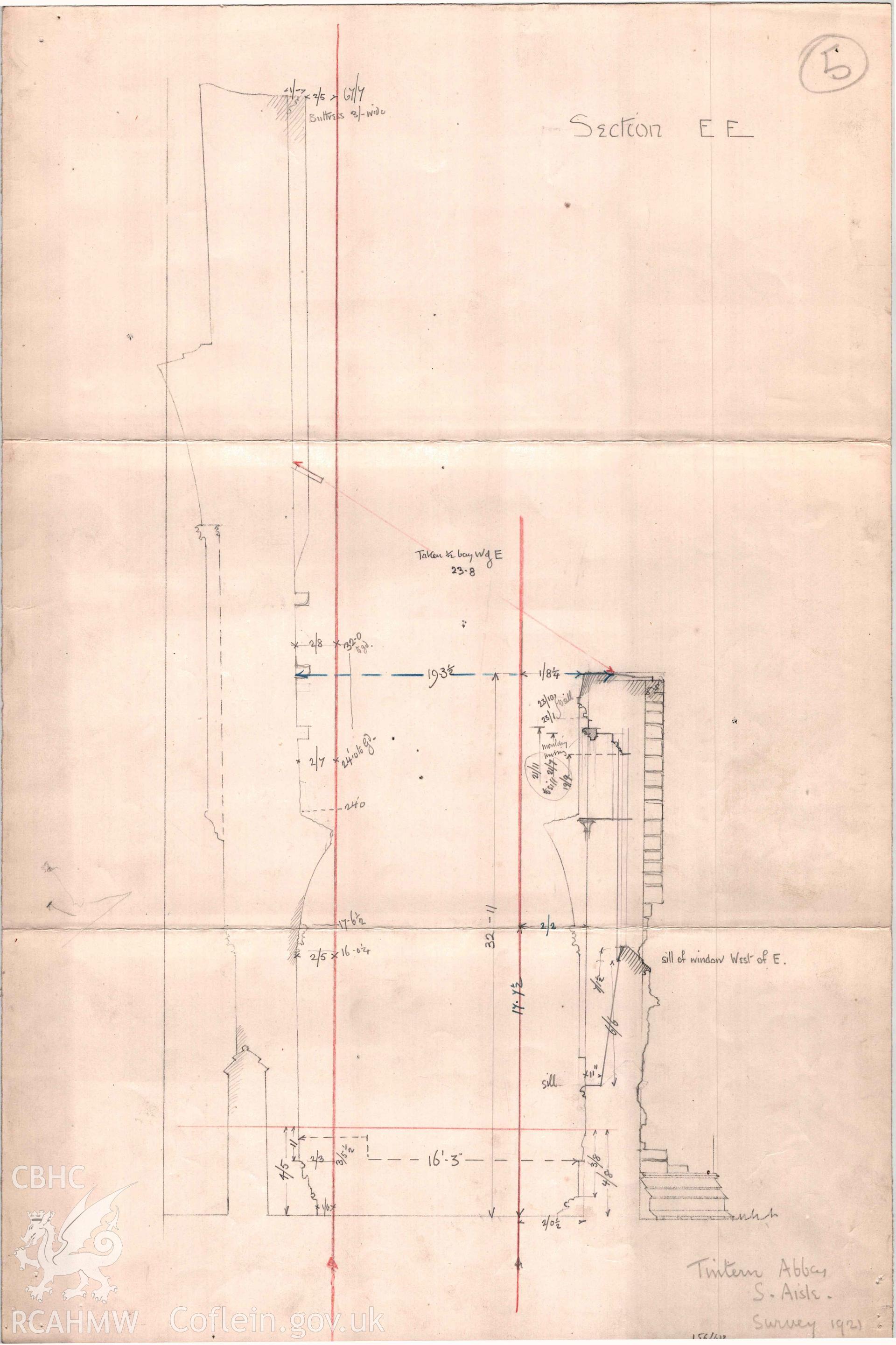 Cadw Guardianship monument drawing, one of 12 sheets of field notes, survey of 1921, Tintern Abbey.