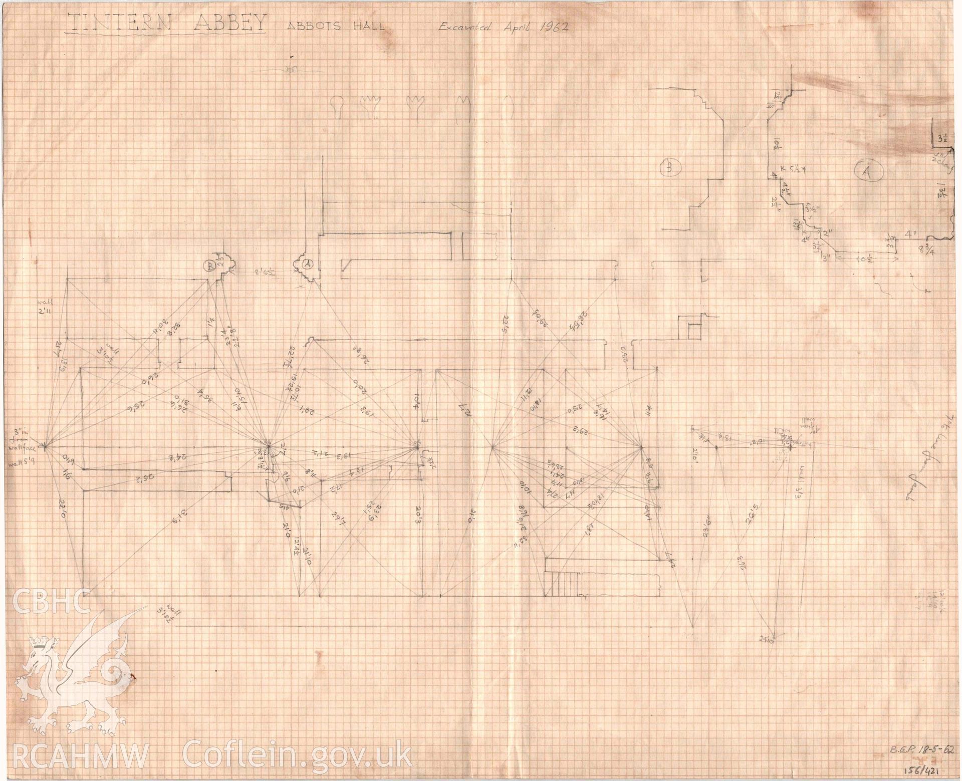 Cadw Guardianship monument drawing, pencil on graph paper, abbots hall, excavated April 1962, Tintern Abbey. Dated May 1962.