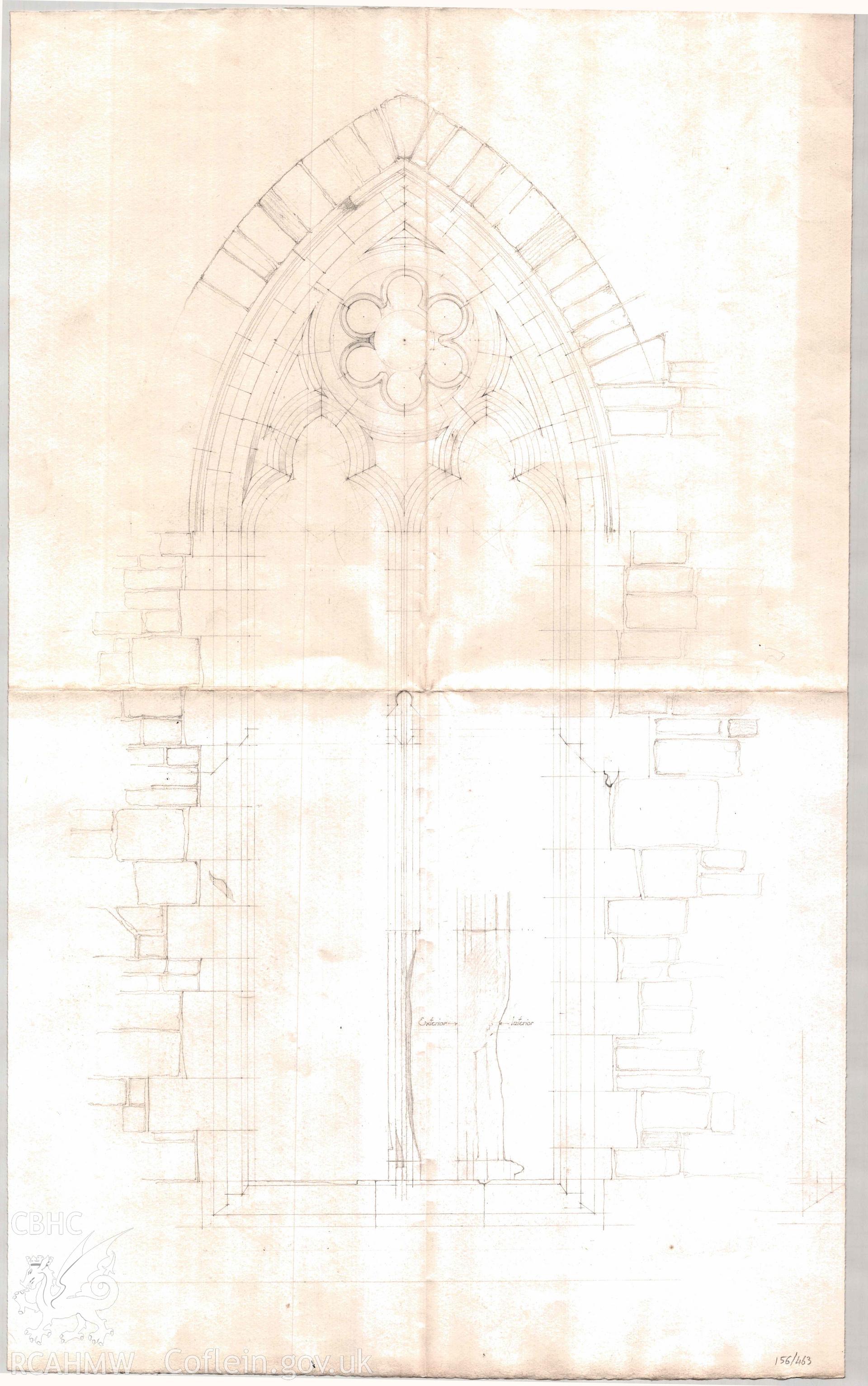 Cadw Guardianship monument drawing,  survey sketch of east (?)  window of chancel, Tintern Abbey.  Undated.