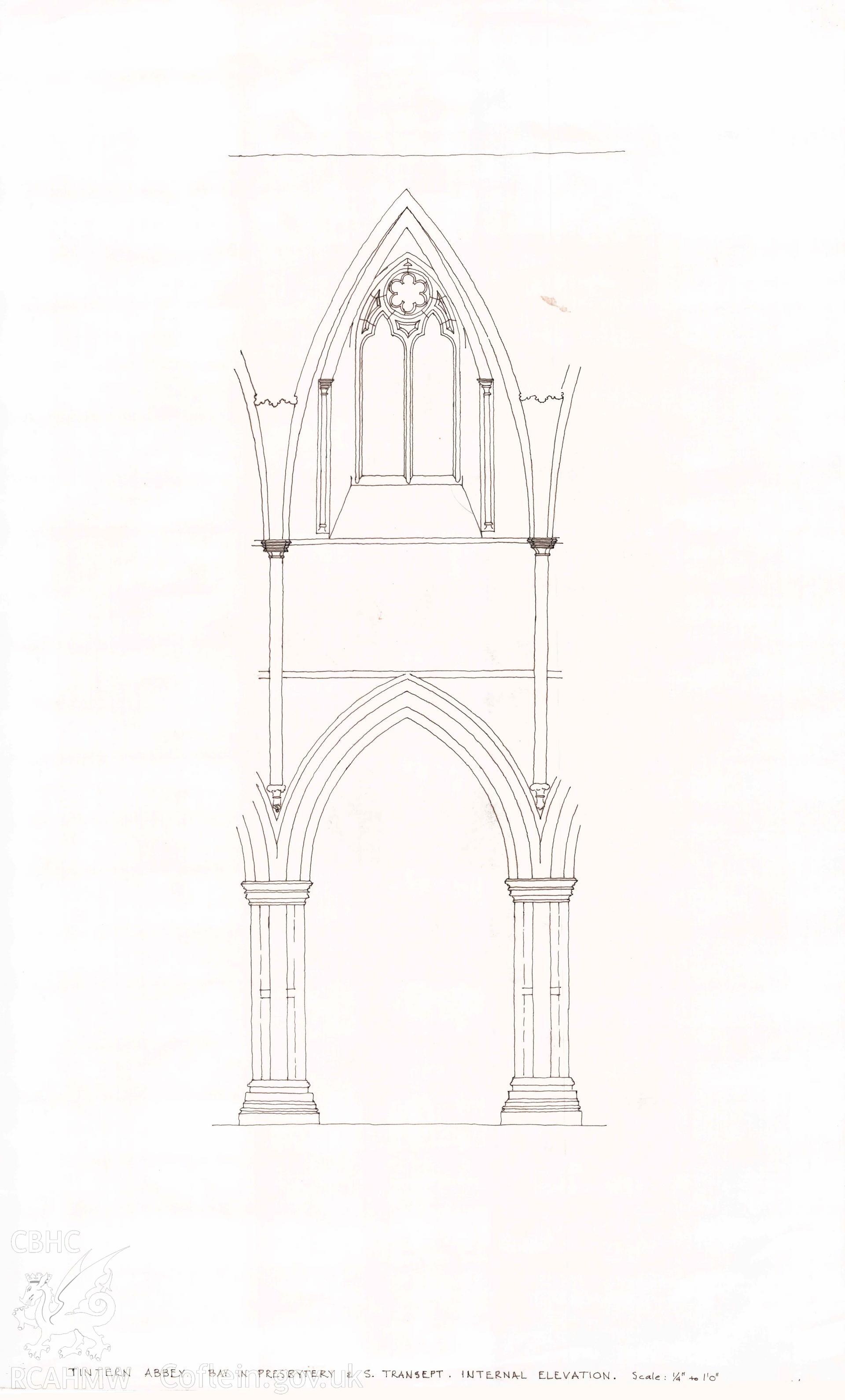 Cadw guardianship monument drawing, bay in Presbytery and south transept, internal elevation, sketch survey of condition, Tintern Abbey.
