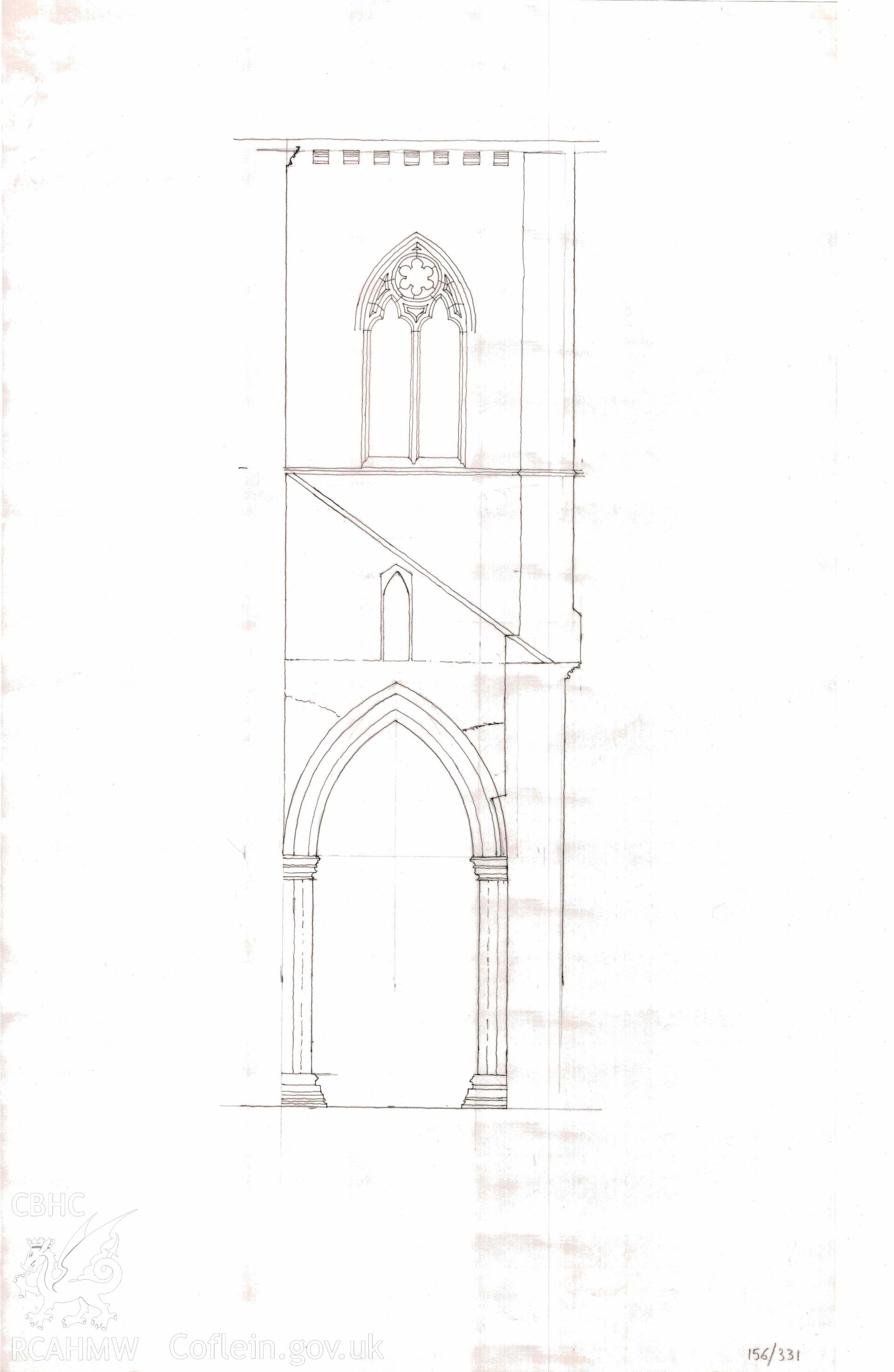 Cadw guardianship monument drawing, bay (probably), west external elevation of south transept, sketch survey of condition, Tintern Abbey.