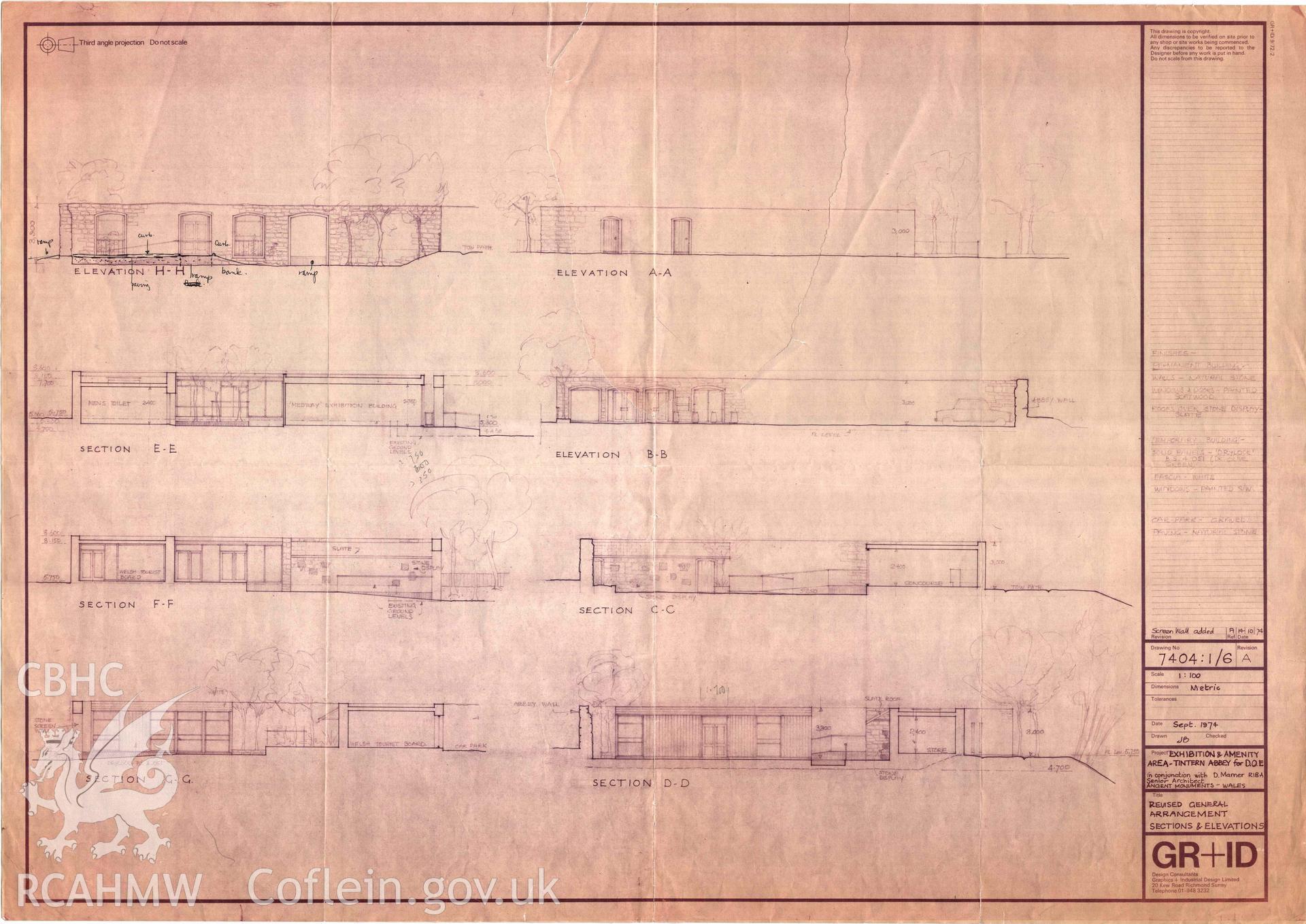 Cadw guardianship monument drawing, exhibition and amenity area, revised general arrangement, sections and elevations, Tintern Abbey.  Dated 14th October 1974.