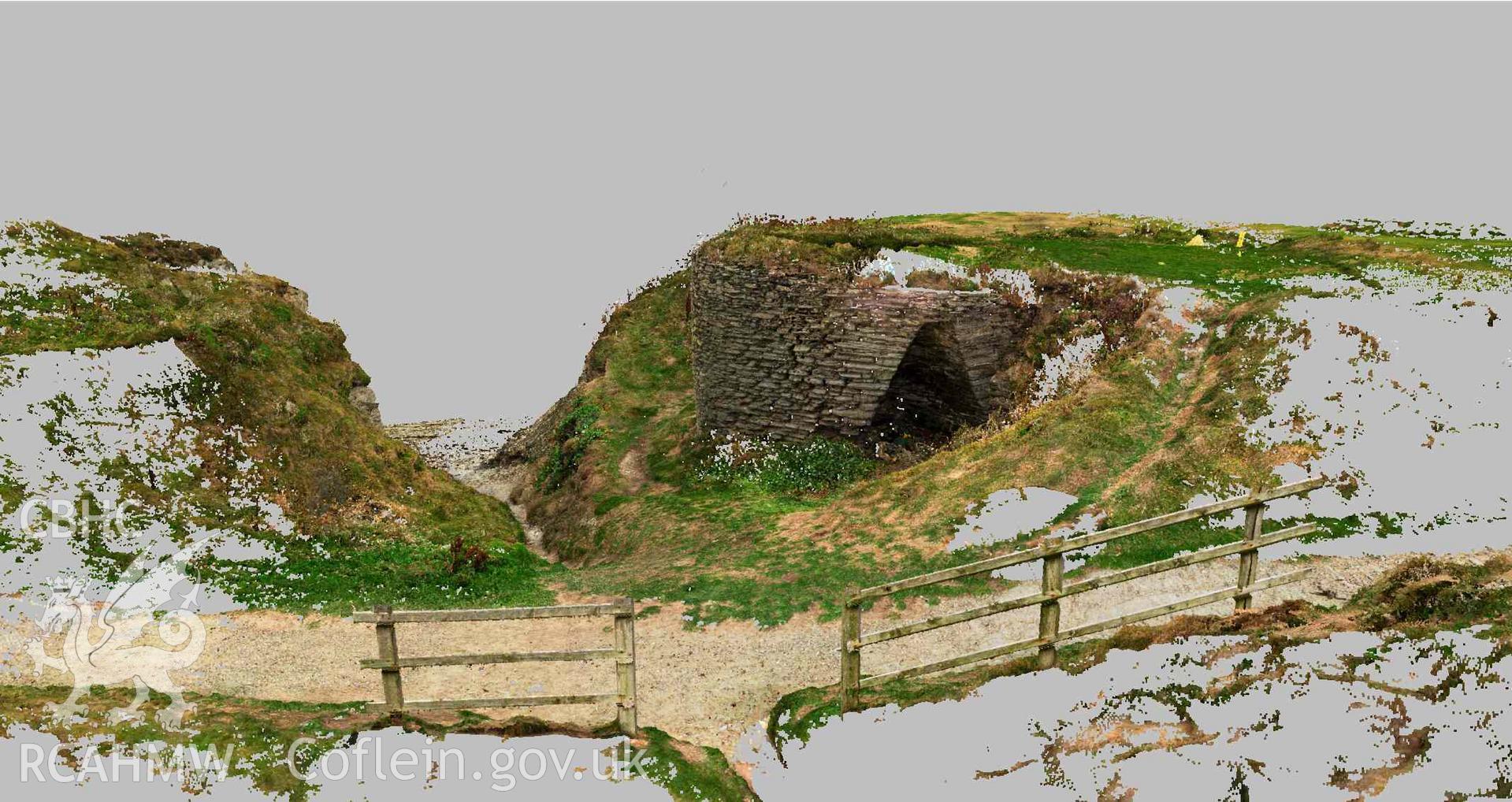 View of limekiln looking towards the coast (River Teifi  estuary), showing the coastal path in the foreground. Part of a Terrestrial Laser Scanning Survey archive for Craig-y-Gwbert limekiln, carried out by Dr Jayne Kamintzis of RCAHMW on 20 September 2022.