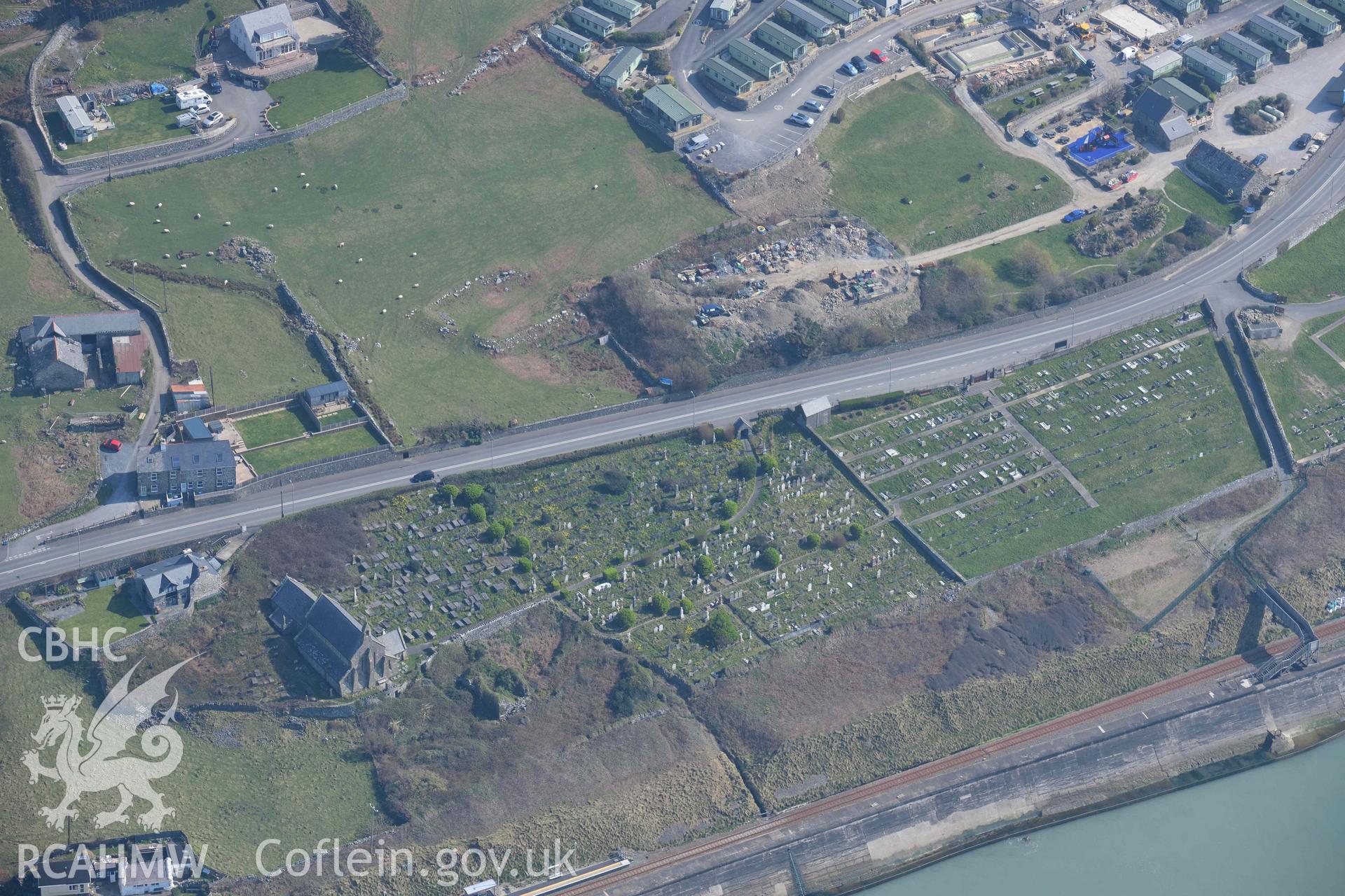 St Mary and St Bodfan's Church, Llanaber. Oblique aerial photograph taken during the Royal Commission’s programme of archaeological aerial reconnaissance by Toby Driver on 25 March 2022.