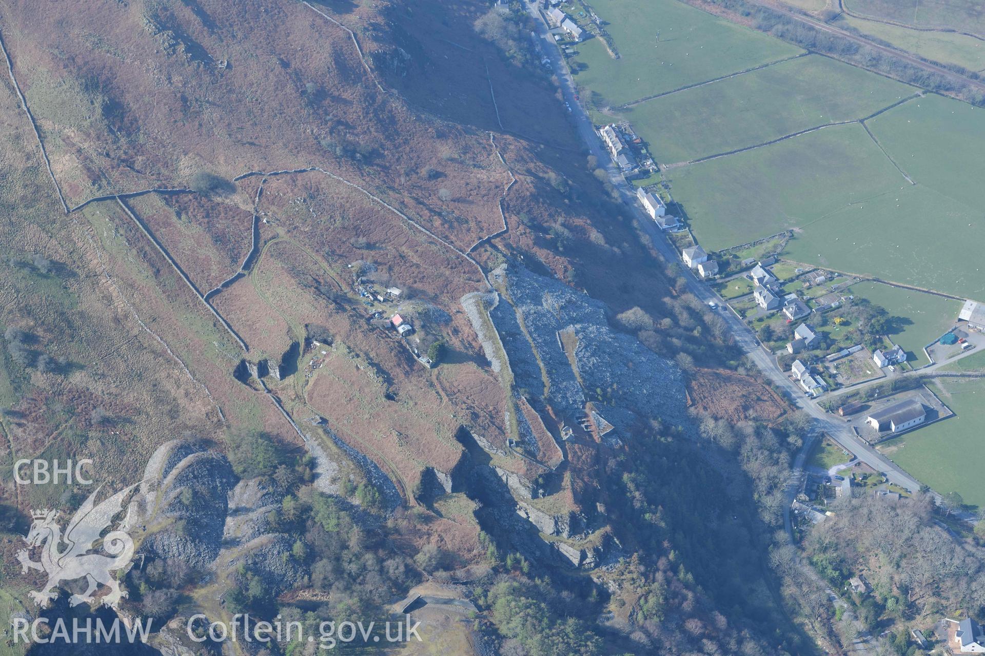 Hen Ddol Slate Quarry. Oblique aerial photograph taken during the Royal Commission’s programme of archaeological aerial reconnaissance by Toby Driver on 25 March 2022.