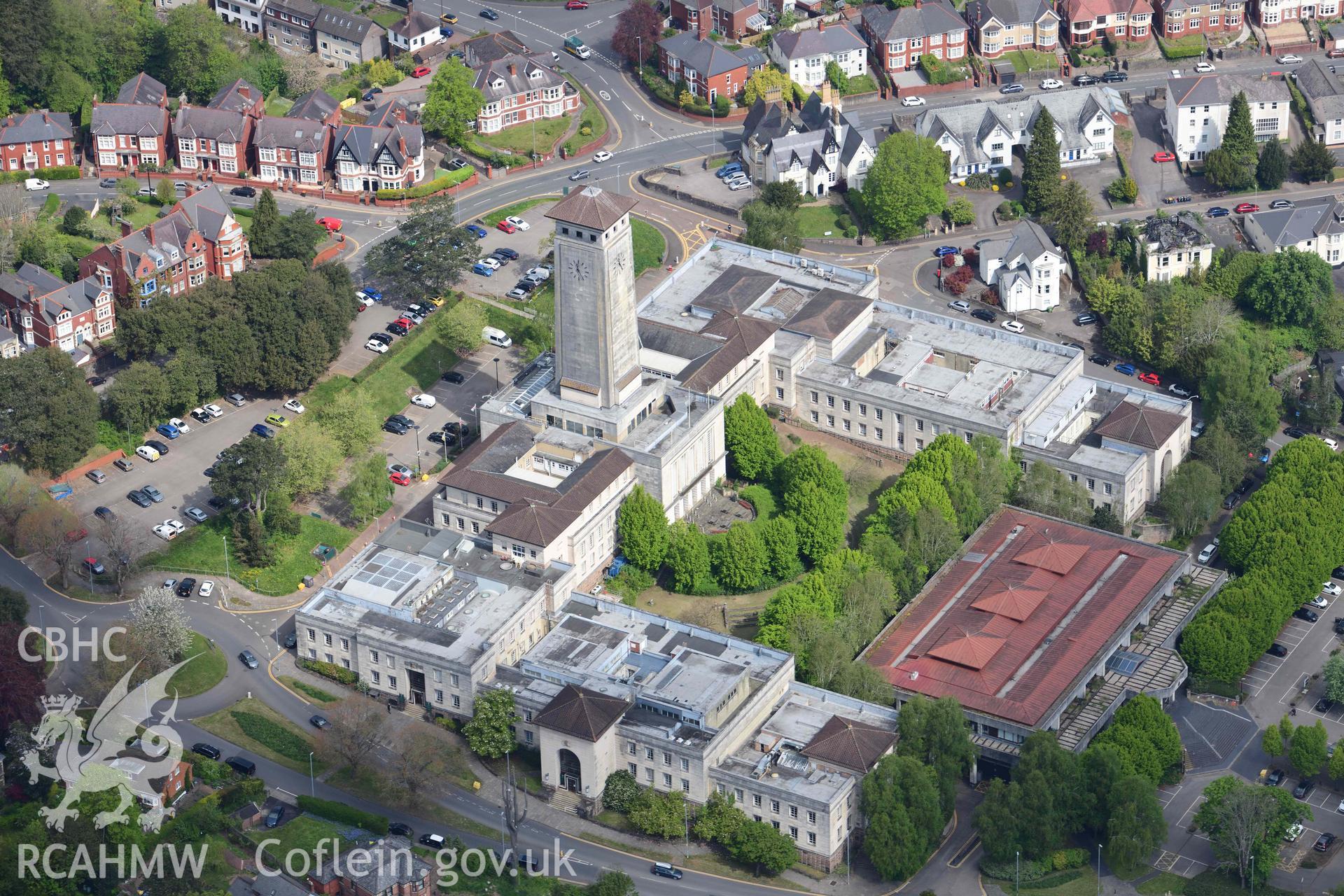 Newport Civic Centre. Oblique aerial photograph taken during the Royal Commission's programme of archaeological aerial reconnaissance by Toby Driver on 29 April 2022.