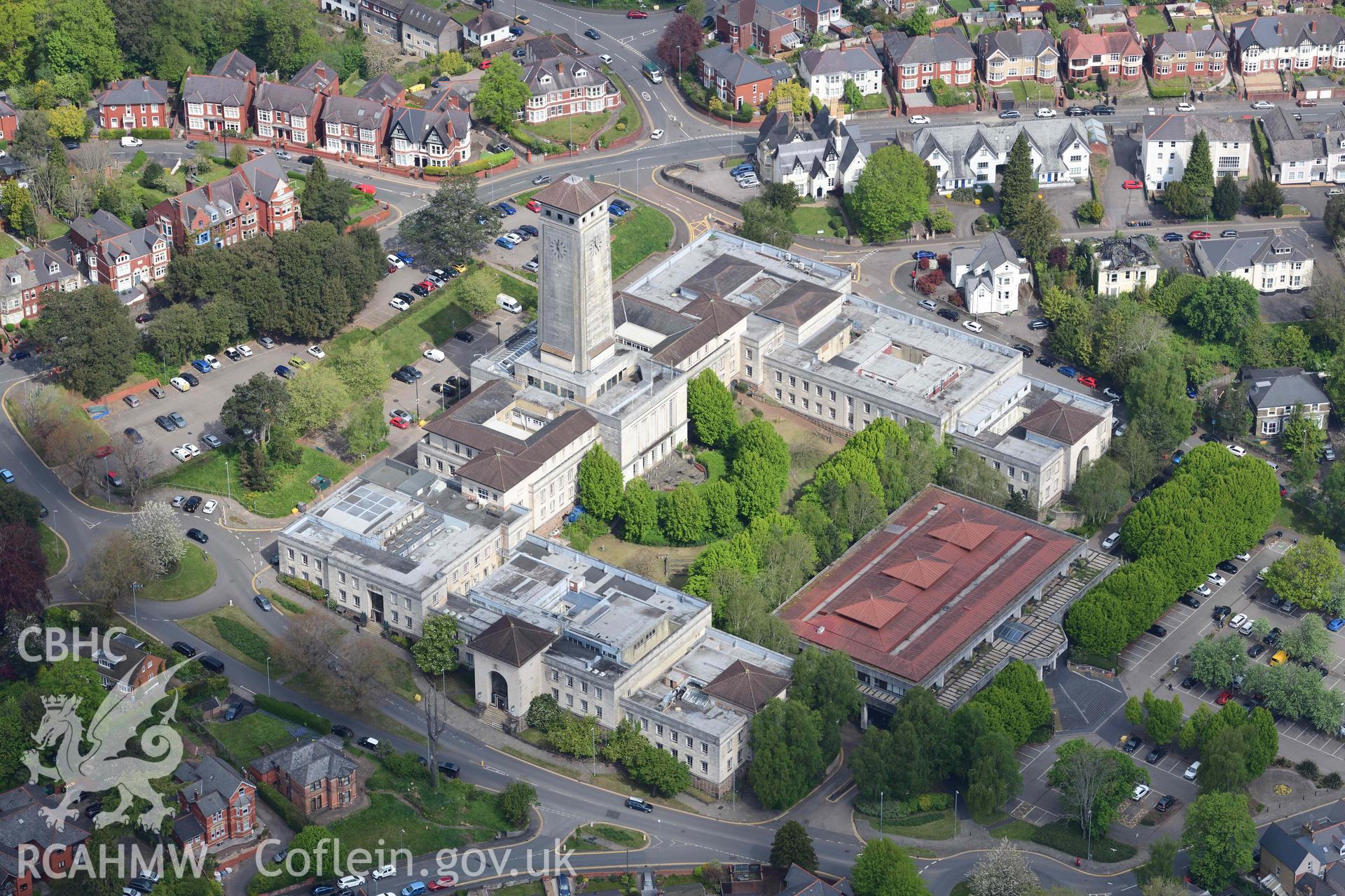Newport Civic Centre. Oblique aerial photograph taken during the Royal Commission's programme of archaeological aerial reconnaissance by Toby Driver on 29 April 2022.