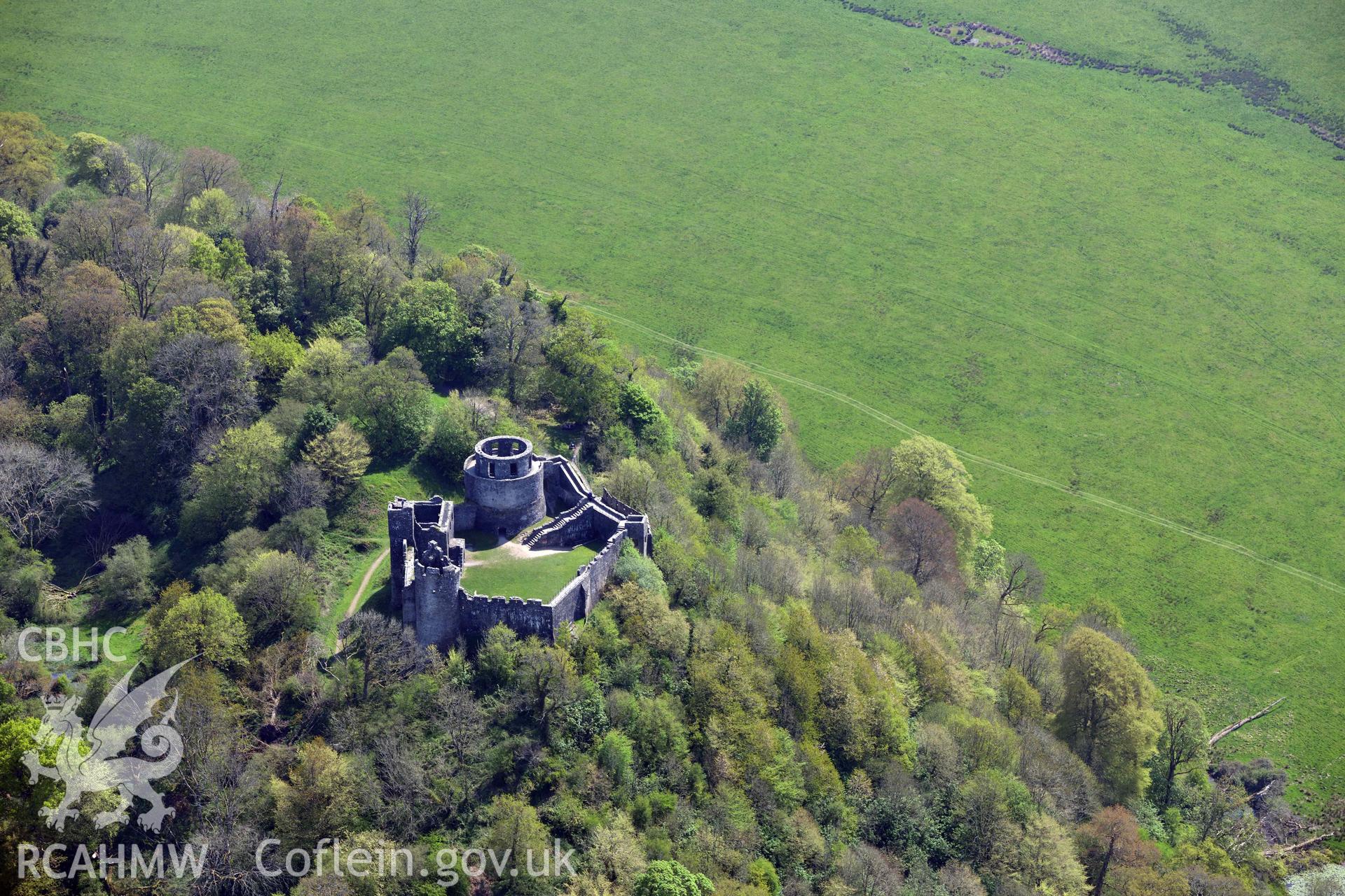 Dynefor Castle. Oblique aerial photograph taken during the Royal Commission's programme of archaeological aerial reconnaissance by Toby Driver on 29 April 2022.