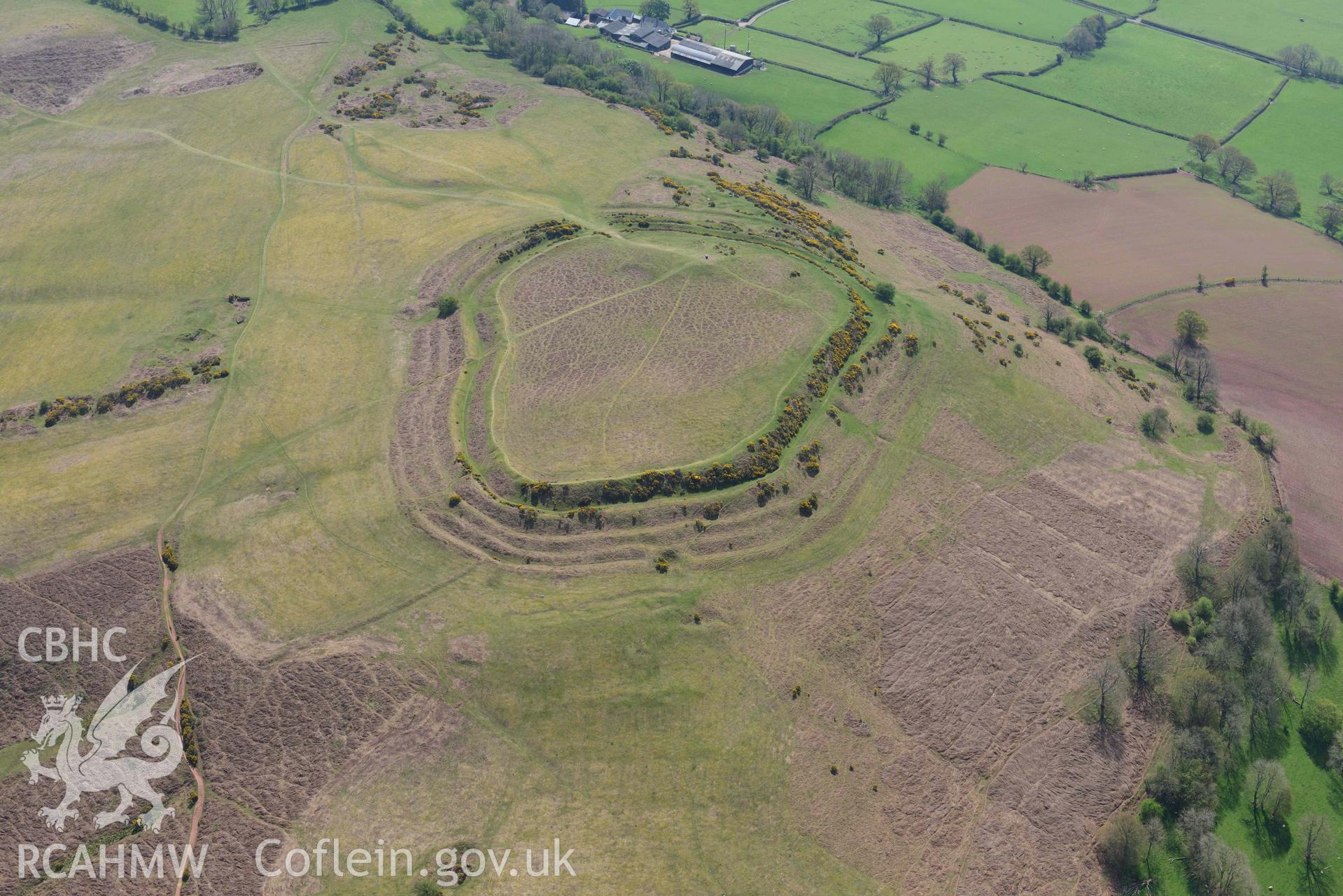 Pen-y-Crug Hillfort, near Brecon. Oblique aerial photograph taken during the Royal Commission's programme of archaeological aerial reconnaissance by Toby Driver on 29 April 2022.