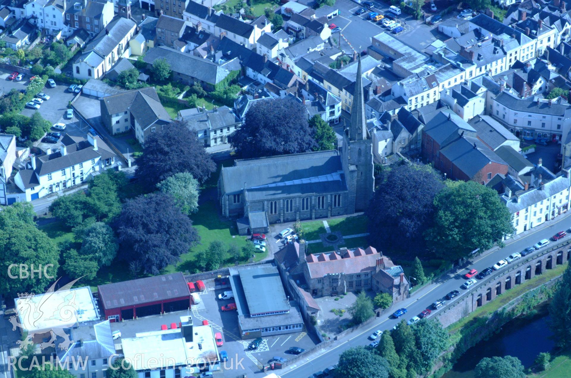 RCAHMW colour oblique aerial photograph of St Mary the Virgin, Whitecross street, Monmouth, taken on 02/06/2004 by Toby Driver
