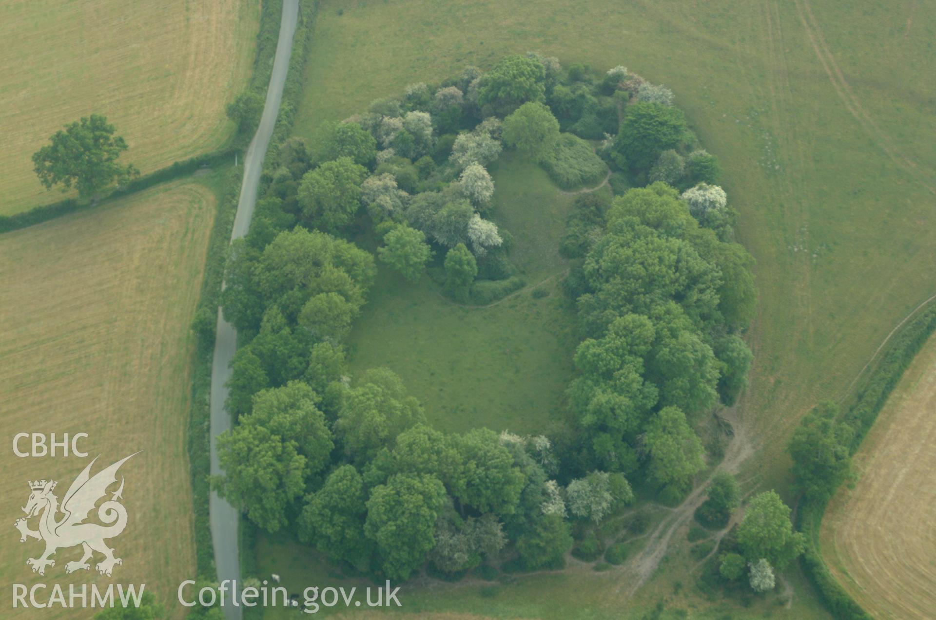 RCAHMW colour oblique aerial photograph of motte and bailey at Hen Domen, Montgomery. Taken on 27 May 2004 by Toby Driver