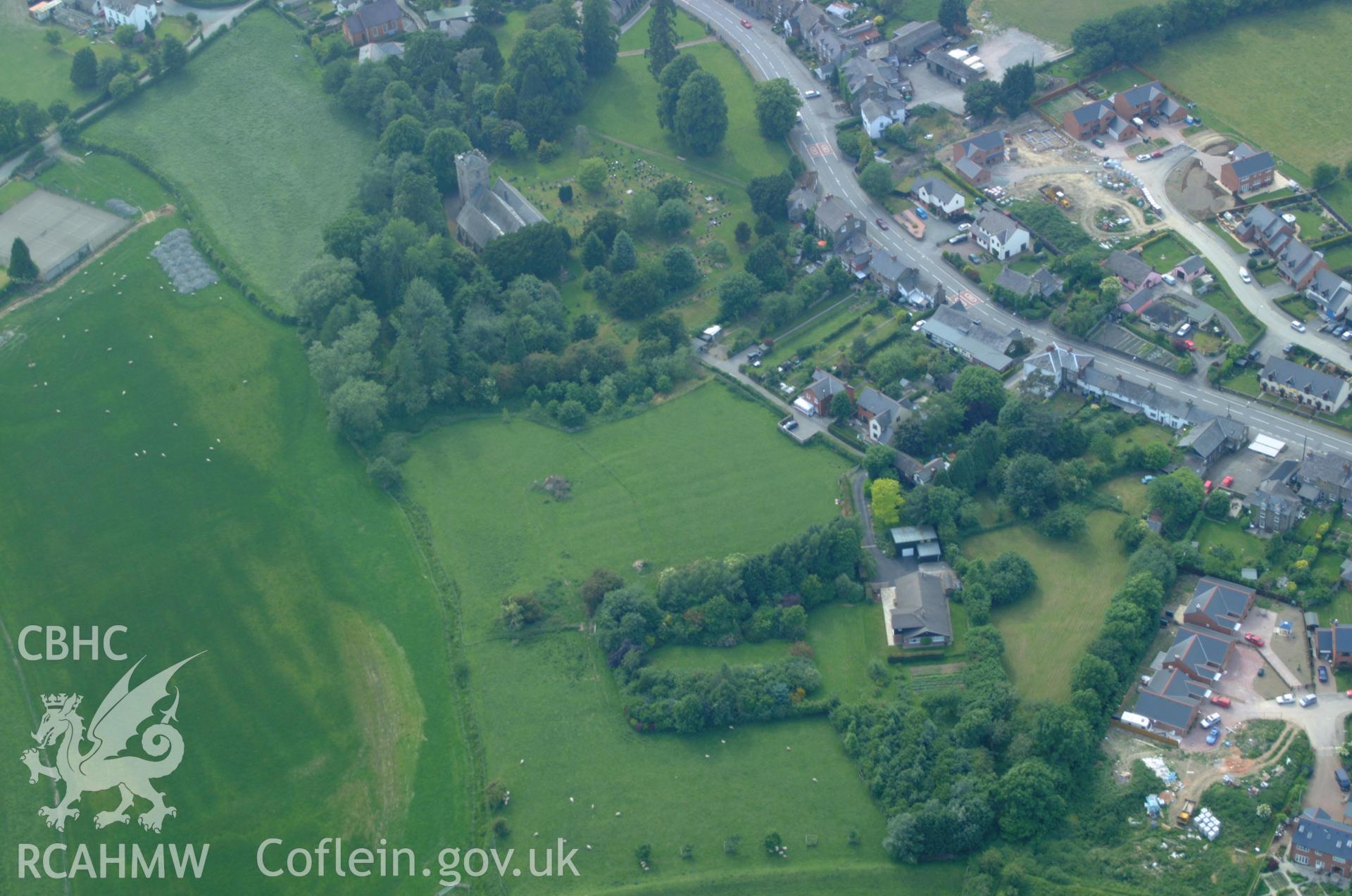 RCAHMW colour oblique aerial photograph of St Tysilio and St Mary's Church, Meifod taken on 08/06/2004 by Toby Driver