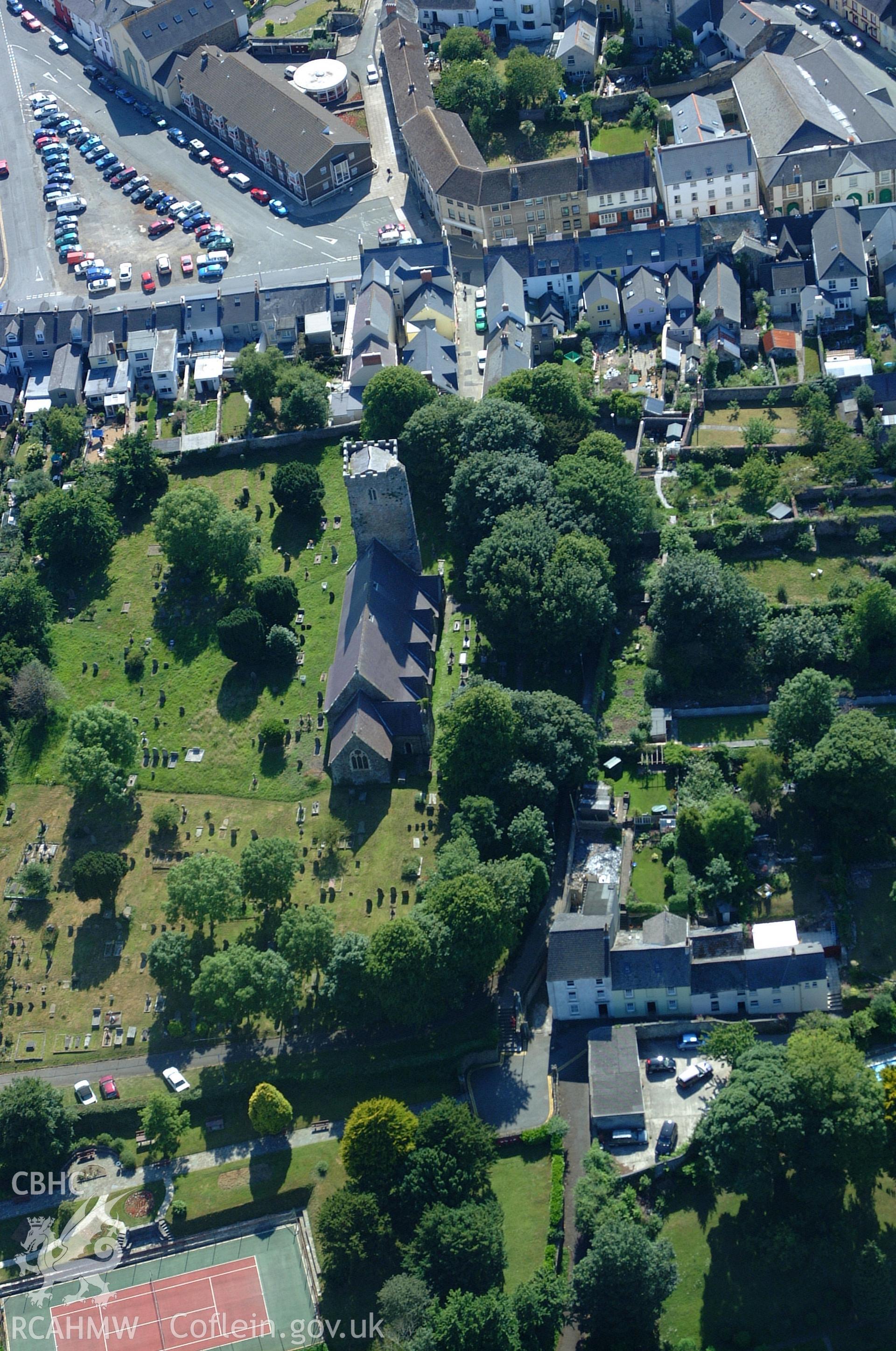 RCAHMW colour oblique aerial photograph of St Thomas a Beckett's Church, Haverfordwest taken on 15/06/2004 by Toby Driver