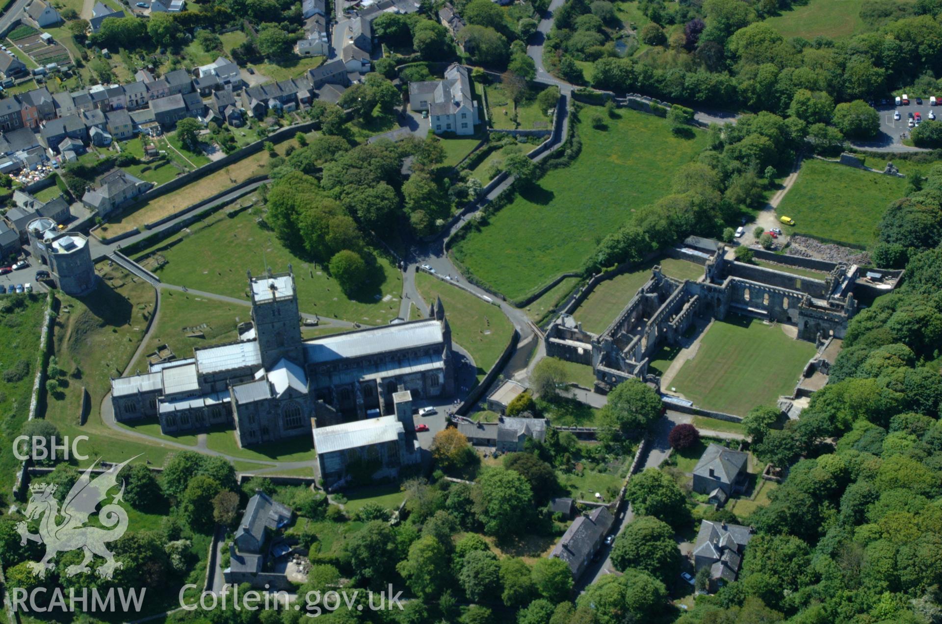 RCAHMW colour oblique aerial photograph of St David's Cathedral taken on 25/05/2004 by Toby Driver