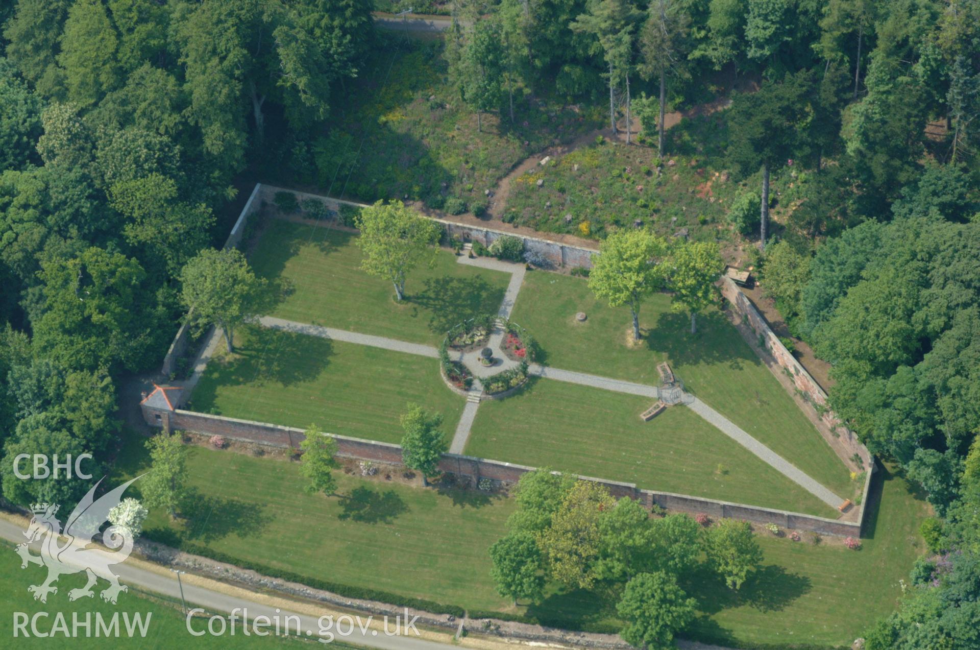 RCAHMW colour oblique aerial photograph of gardens at Llys-Dulas. Taken on 26 May 2004 by Toby Driver