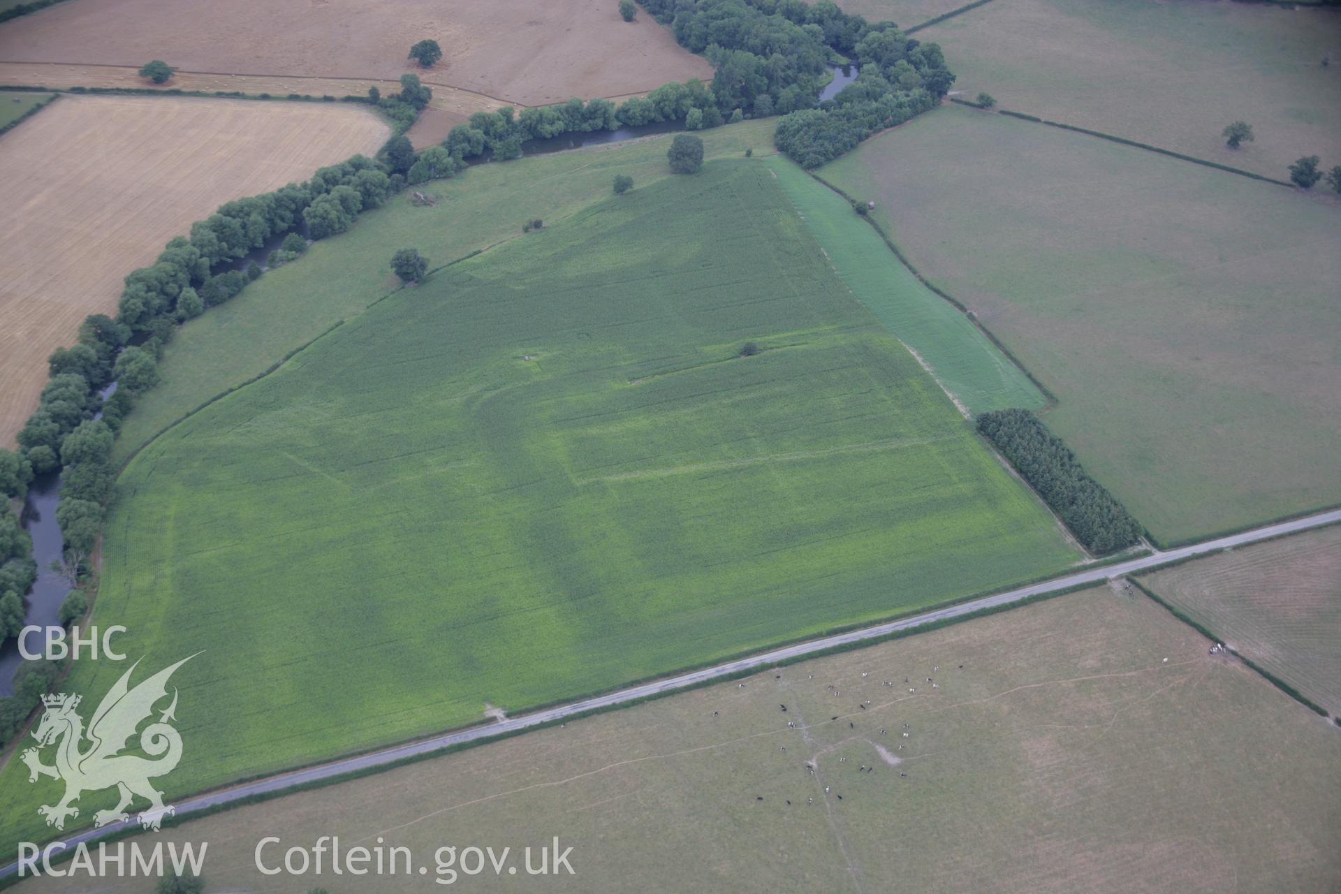 RCAHMW colour oblique aerial photograph of Forden Gaer Roman Settlement showing cropmarks. Taken on 14 August 2006 by Toby Driver.