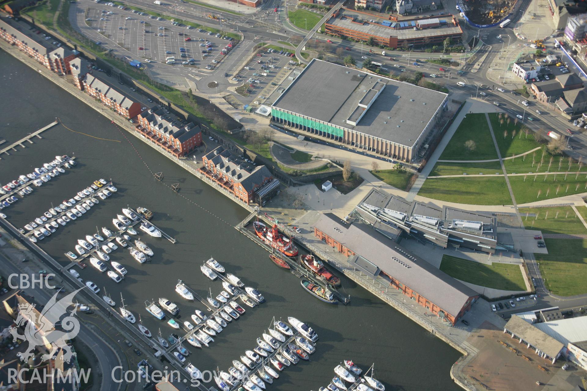 RCAHMW colour oblique aerial photograph of National Waterfront Museum, Swansea, viewed from the south-east. Taken on 26 January 2006 by Toby Driver.