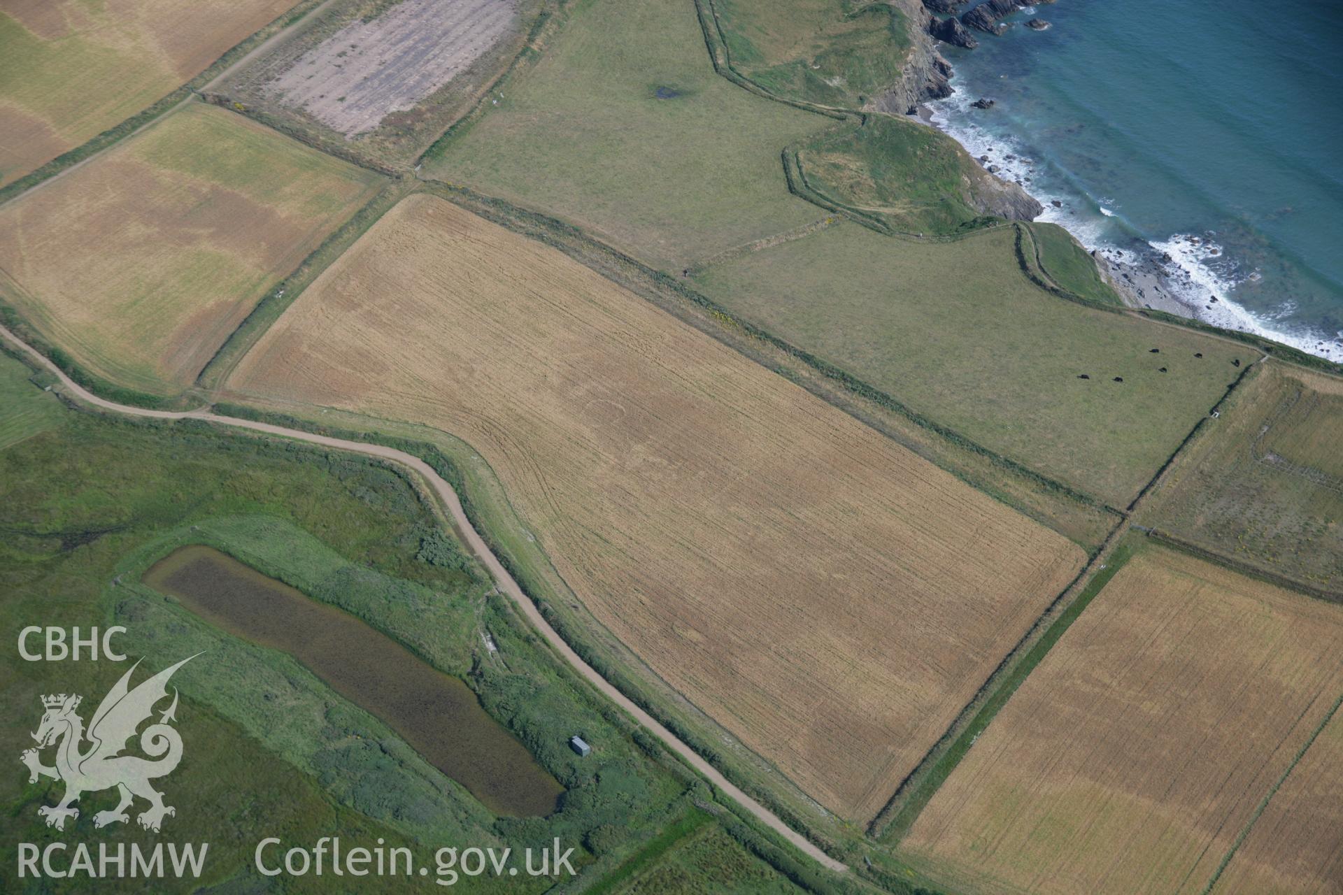 RCAHMW colour oblique aerial photograph of Runwayskiln Prehistoric Settlement Cropmarks. Taken on 24 July 2006 by Toby Driver.