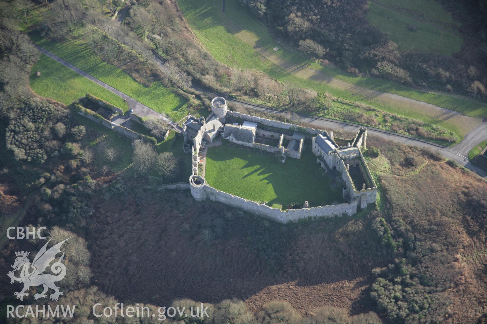 RCAHMW colour oblique aerial photograph of Manorbier Castle, viewed from the west Taken on 11 January 2006 by Toby Driver.