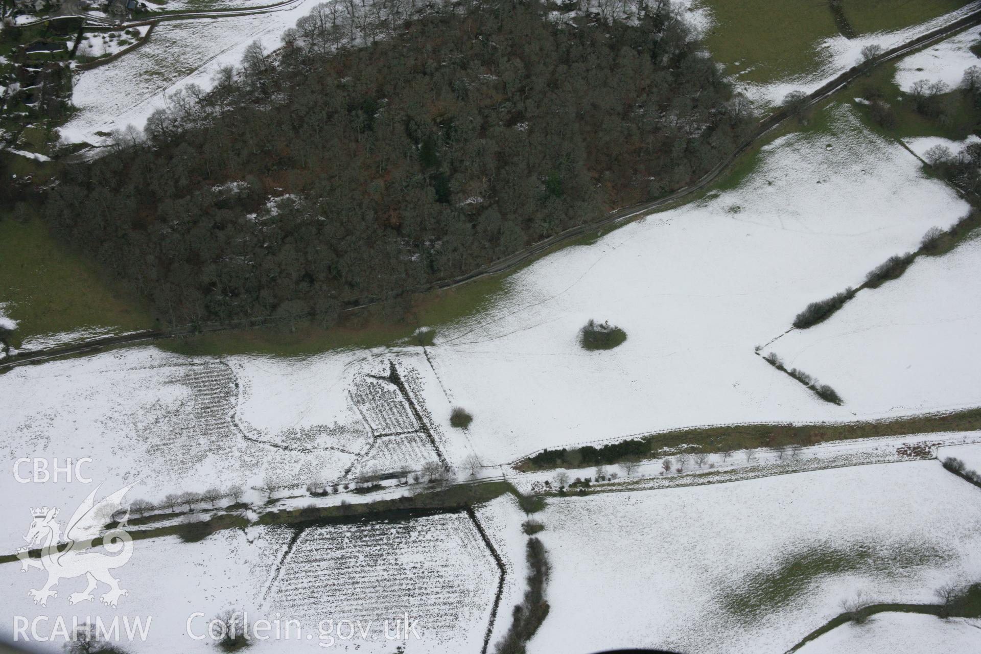 RCAHMW colour oblique aerial photograph of Branas Uchaf Chambered Cairn from the south. Taken on 06 March 2006 by Toby Driver.