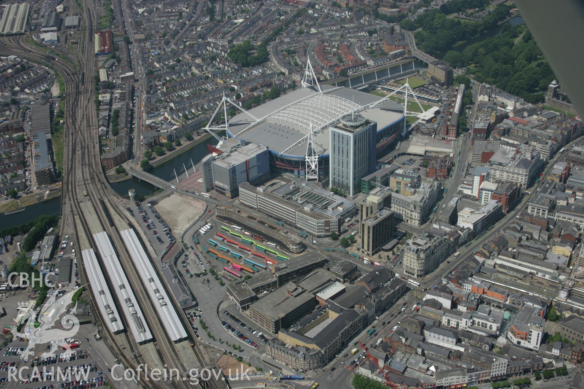 RCAHMW colour oblique photograph of Cardiff city centre and Millennium Stadium. Taken by Toby Driver on 29/06/2006.
