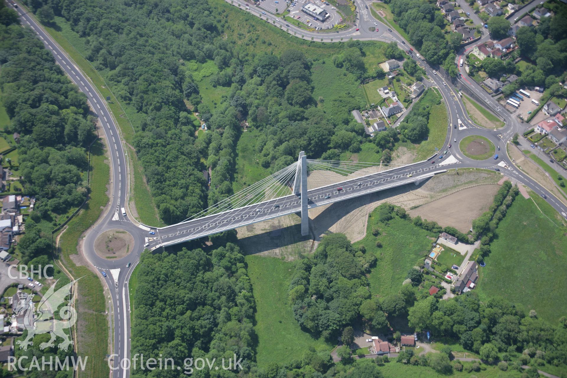 RCAHMW colour oblique aerial photograph of Chartist Bridge, Sirhowy Enterprise Way, Blackwood, from the north. Taken on 09 June 2006 by Toby Driver.