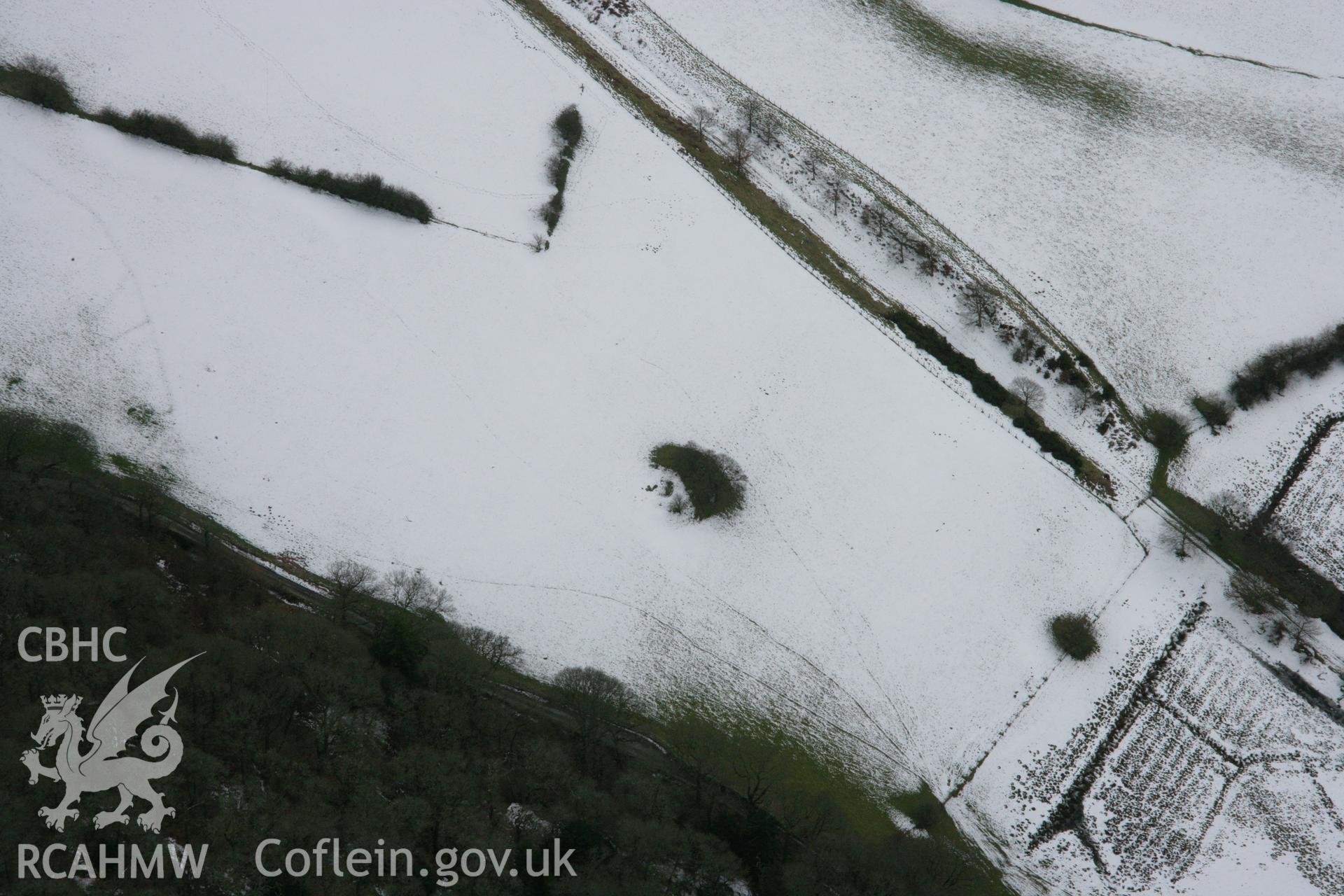 RCAHMW colour oblique aerial photograph of Branas Uchaf Chambered Cairn from the north-west. Taken on 06 March 2006 by Toby Driver.
