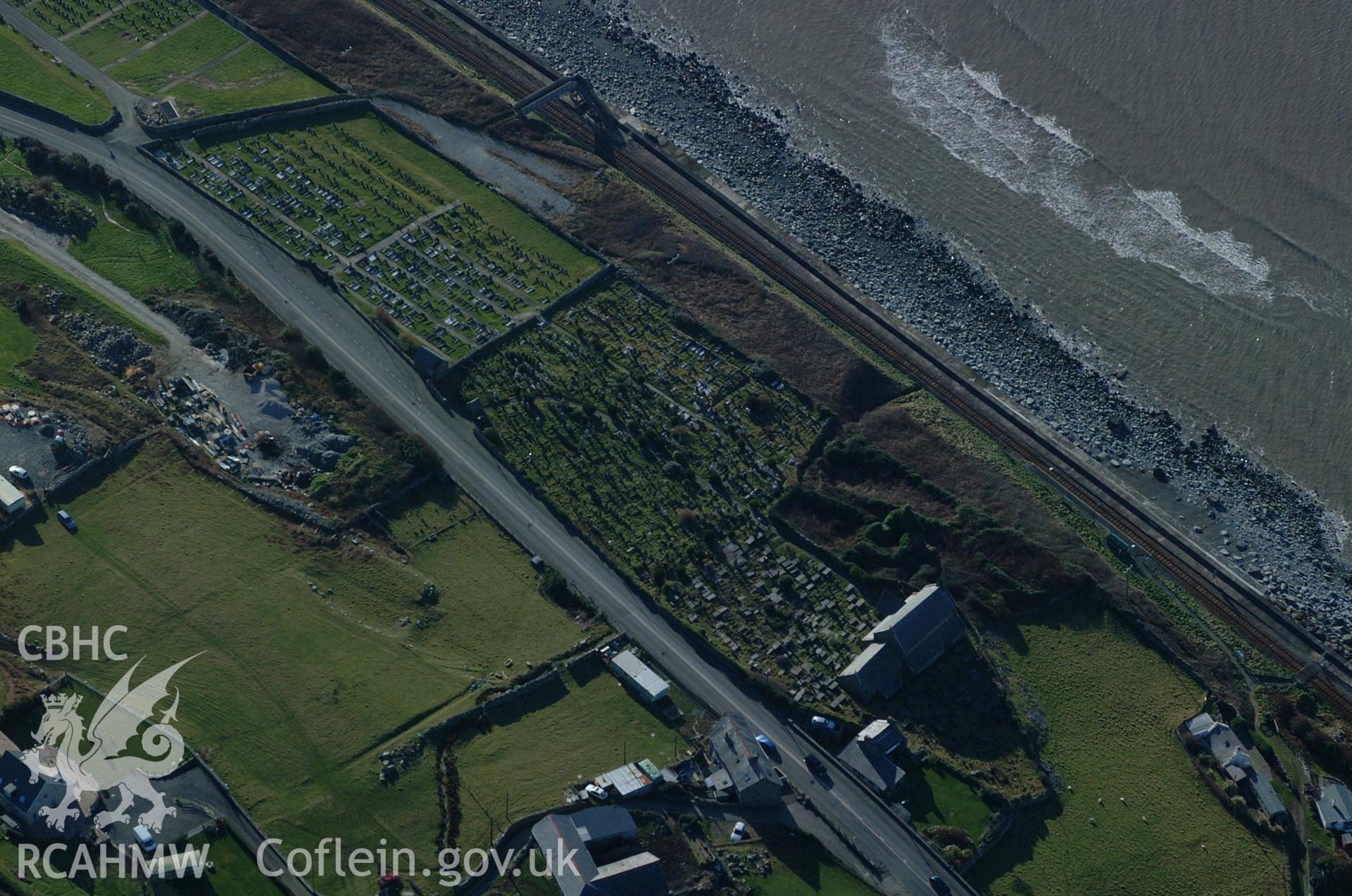 RCAHMW colour oblique aerial photograph of St Mary and St Bodvan's Church, Llanaber taken on 24/01/2005 by Toby Driver