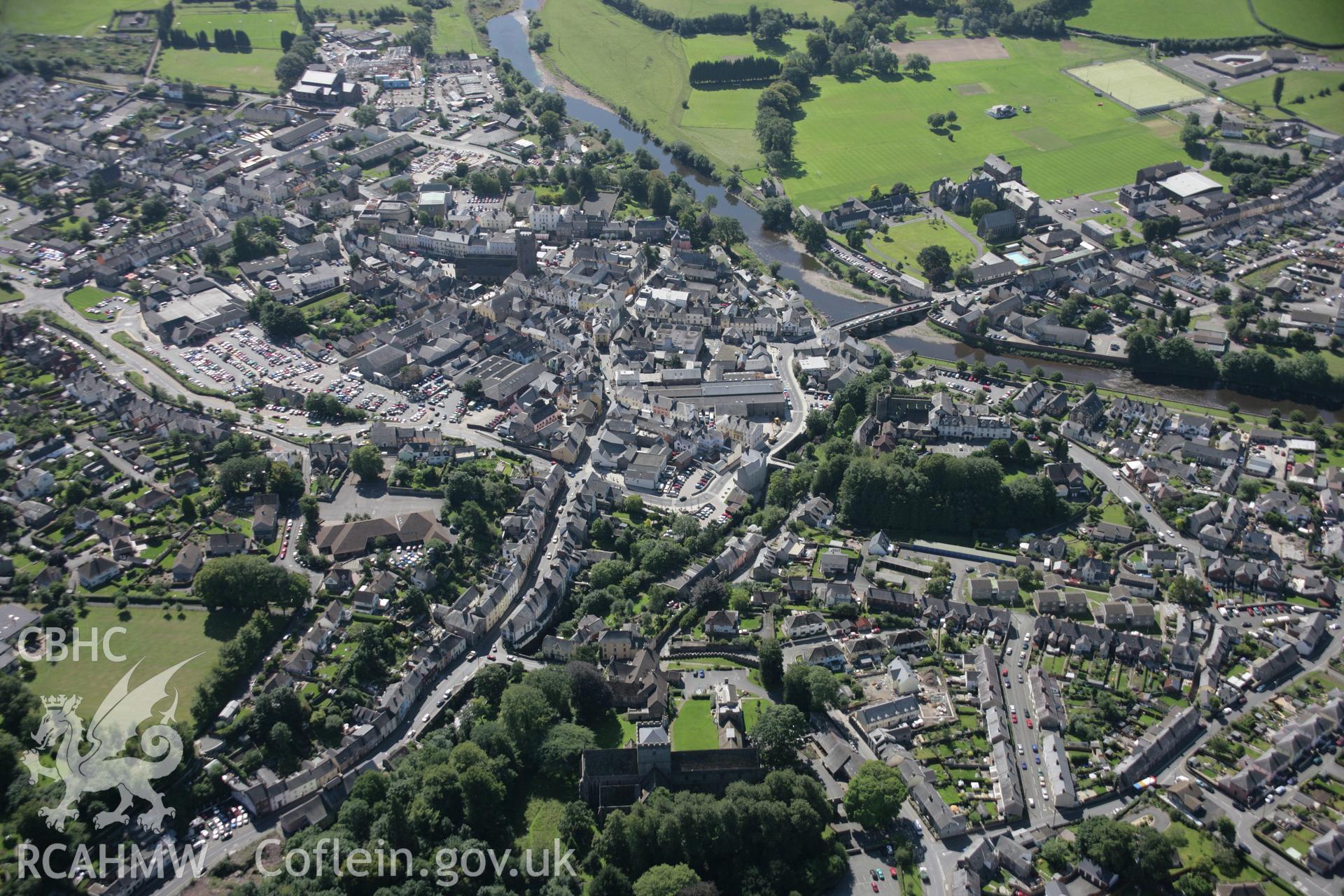 RCAHMW colour oblique aerial photograph of Brecon. A high view of the town centre looking south. Taken on 02 September 2005 by Toby Driver