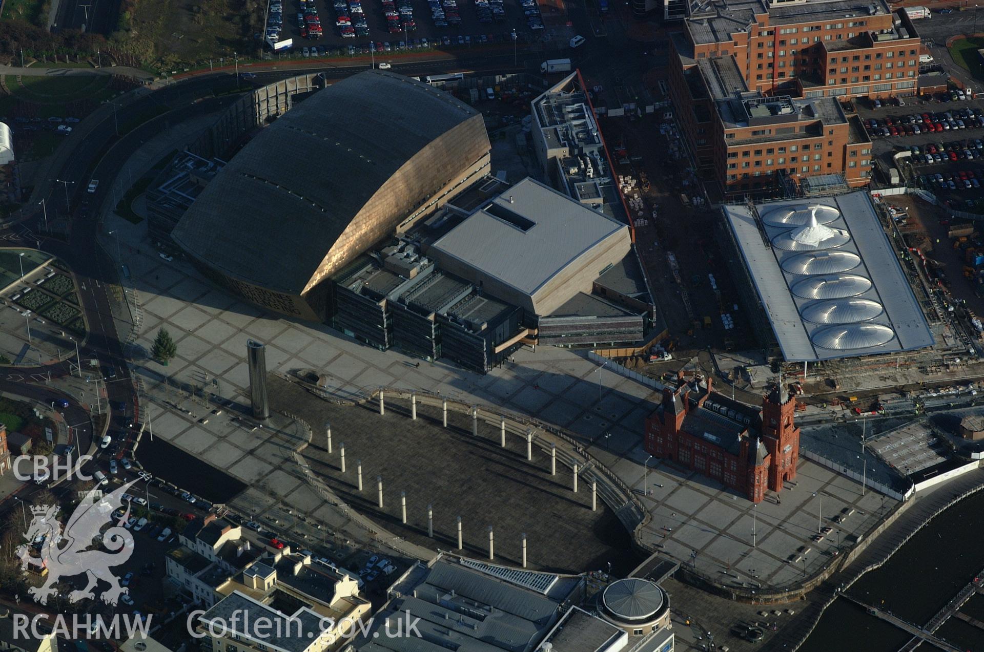 RCAHMW colour oblique aerial photograph of the Wales Millennium Centre taken on 13/01/2005 by Toby Driver