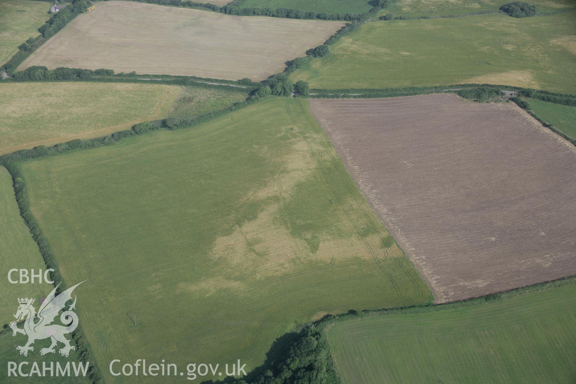 RCAHMW digital colour oblique photograph of a cropmark enclosure at Dryslwyn, with pitting, viewed from the south-east. Taken on 27/07/2005 by T.G. Driver.