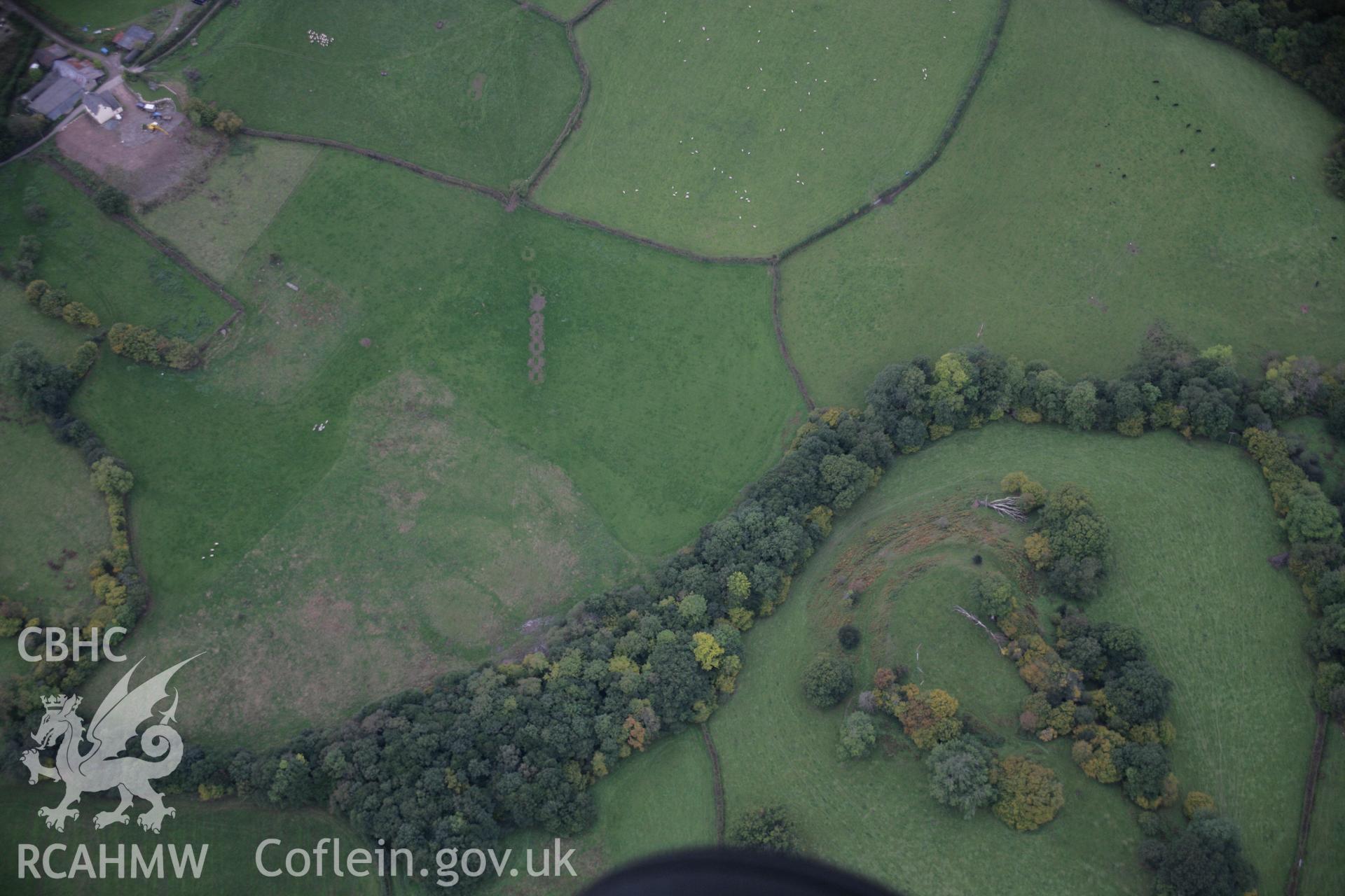 RCAHMW colour oblique aerial photograph of Crickadarn Castle Earthworks from the east showing the marks of cattle feeders in pasture to the west. Taken on 13 October 2005 by Toby Driver