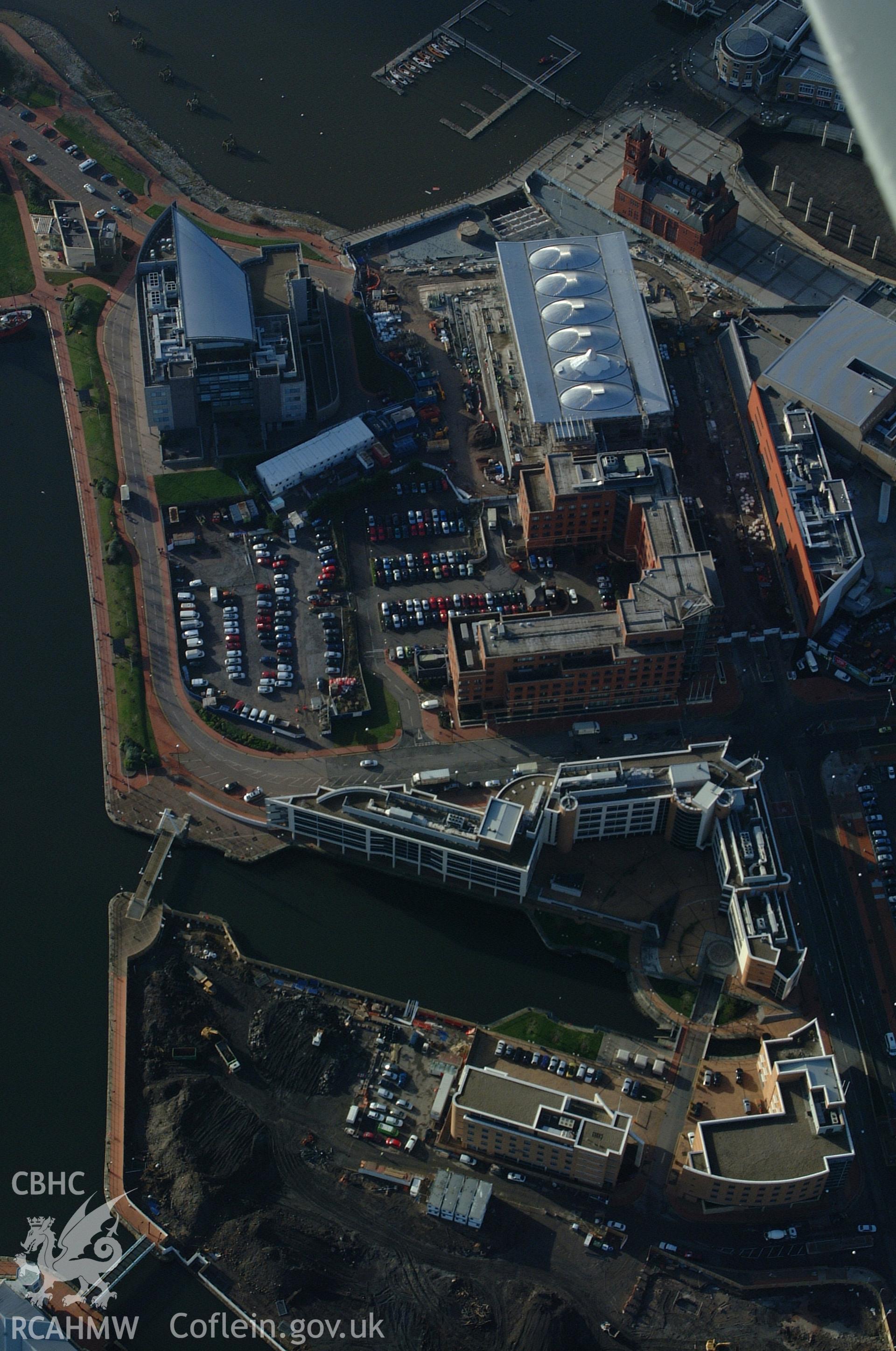 RCAHMW colour oblique aerial photograph of the Senedd, Cardiff Bay taken on 13/01/2005 by Toby Driver