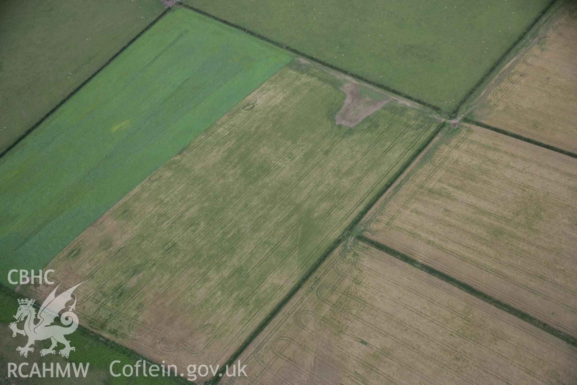 RCAHMW digital colour oblique photograph of a poorly defined cropmark south-west of Rhuddgaer viewed from the south. Taken on 02/08/2005 by T.G. Driver.