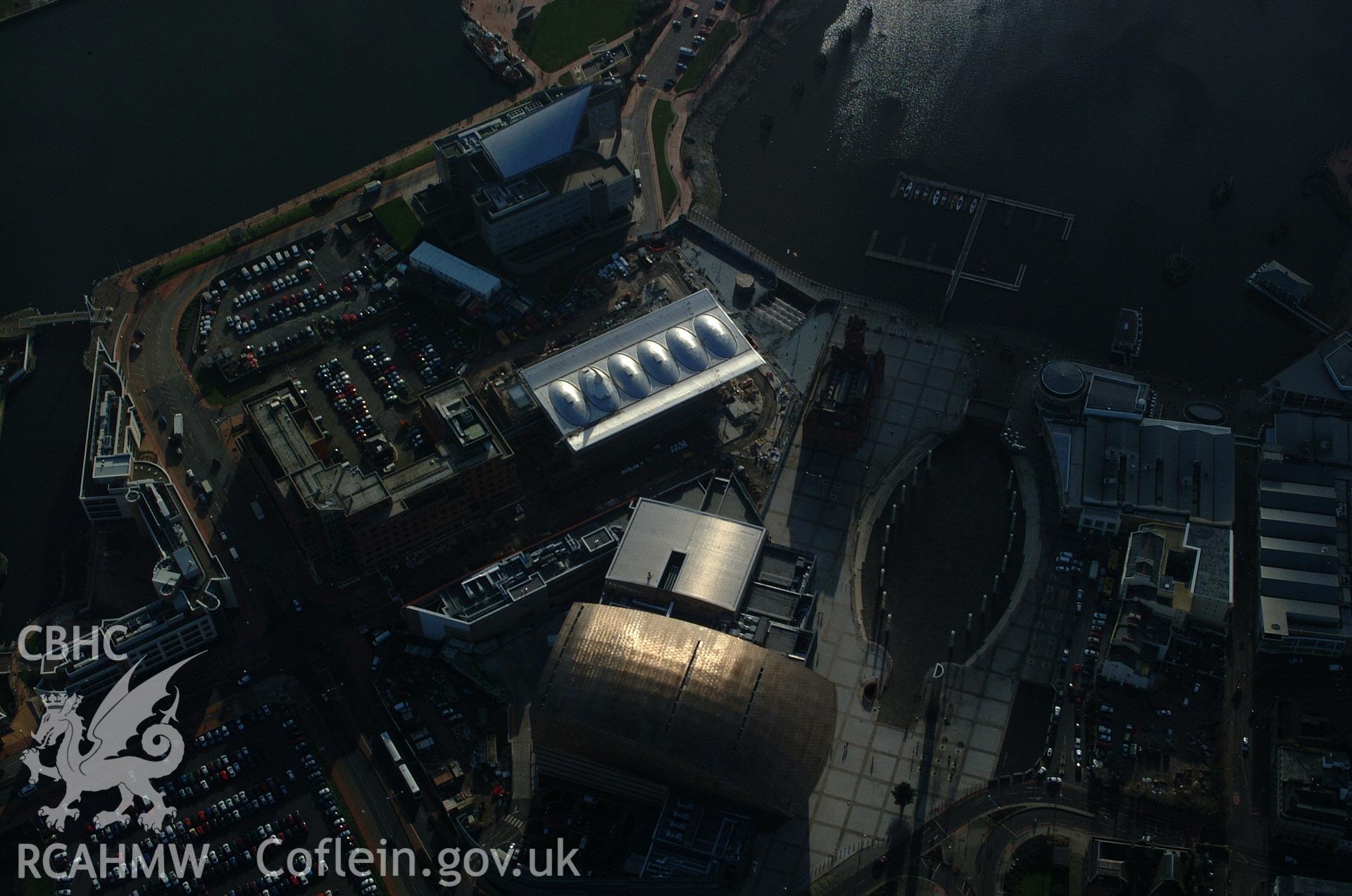 RCAHMW colour oblique aerial photograph of the Senedd, Cardiff Bay taken on 13/01/2005 by Toby Driver