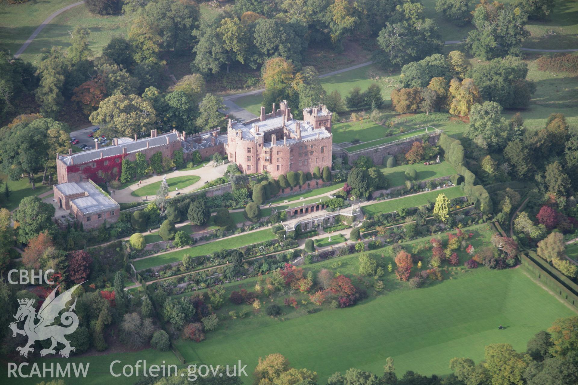 RCAHMW colour oblique aerial photograph of Powis Castle, also showing the gardens in autumn colour, from the south. Taken on 17 October 2005 by Toby Driver