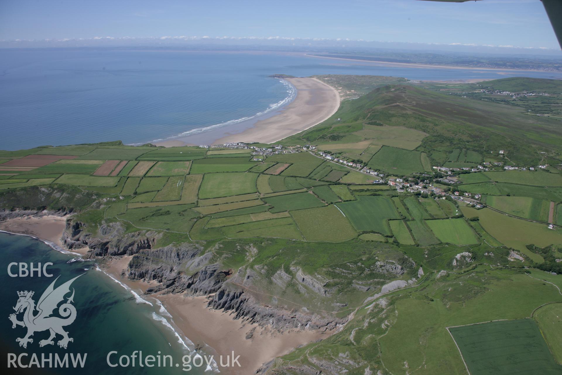 RCAHMW colour oblique aerial photograph of Rhossili Field System (The Vile). A panoramic view from the south-east towards Rhossili Bay. Taken on 22 June 2005 by Toby Driver