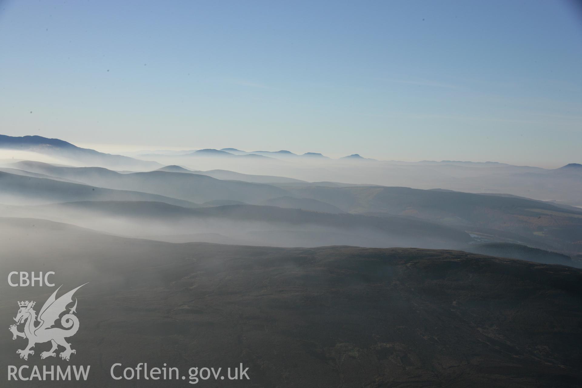 RCAHMW colour oblique aerial photograph of Foel Cwm Sian Llwyd to Penllyn Forest, in panoramic winter landscape view looking west, non-archaeological Taken on 21 November 2005 by Toby Driver