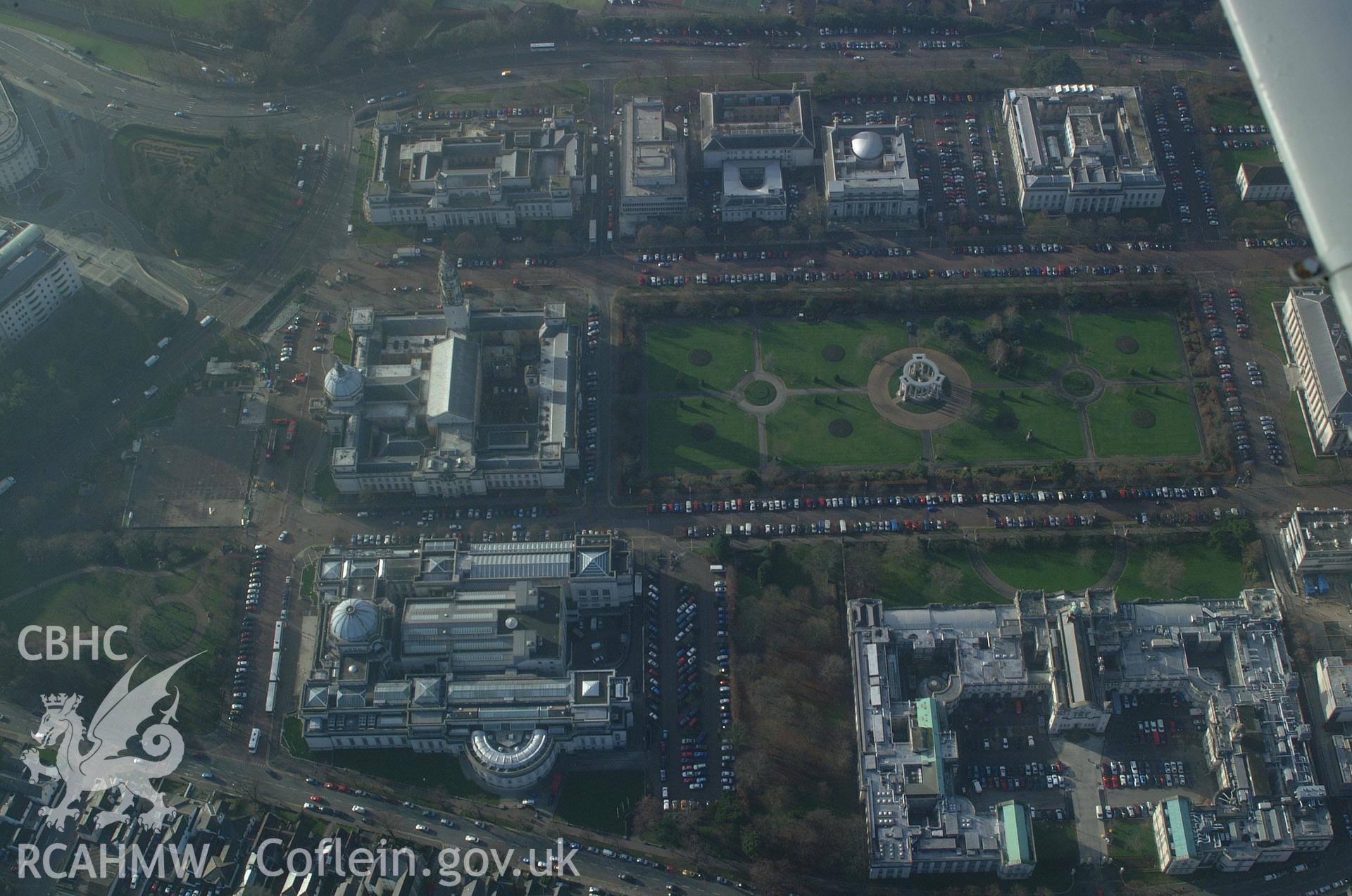 RCAHMW colour oblique aerial photograph of Cathays Park, Cardiff taken on 13/01/2005 by Toby Driver