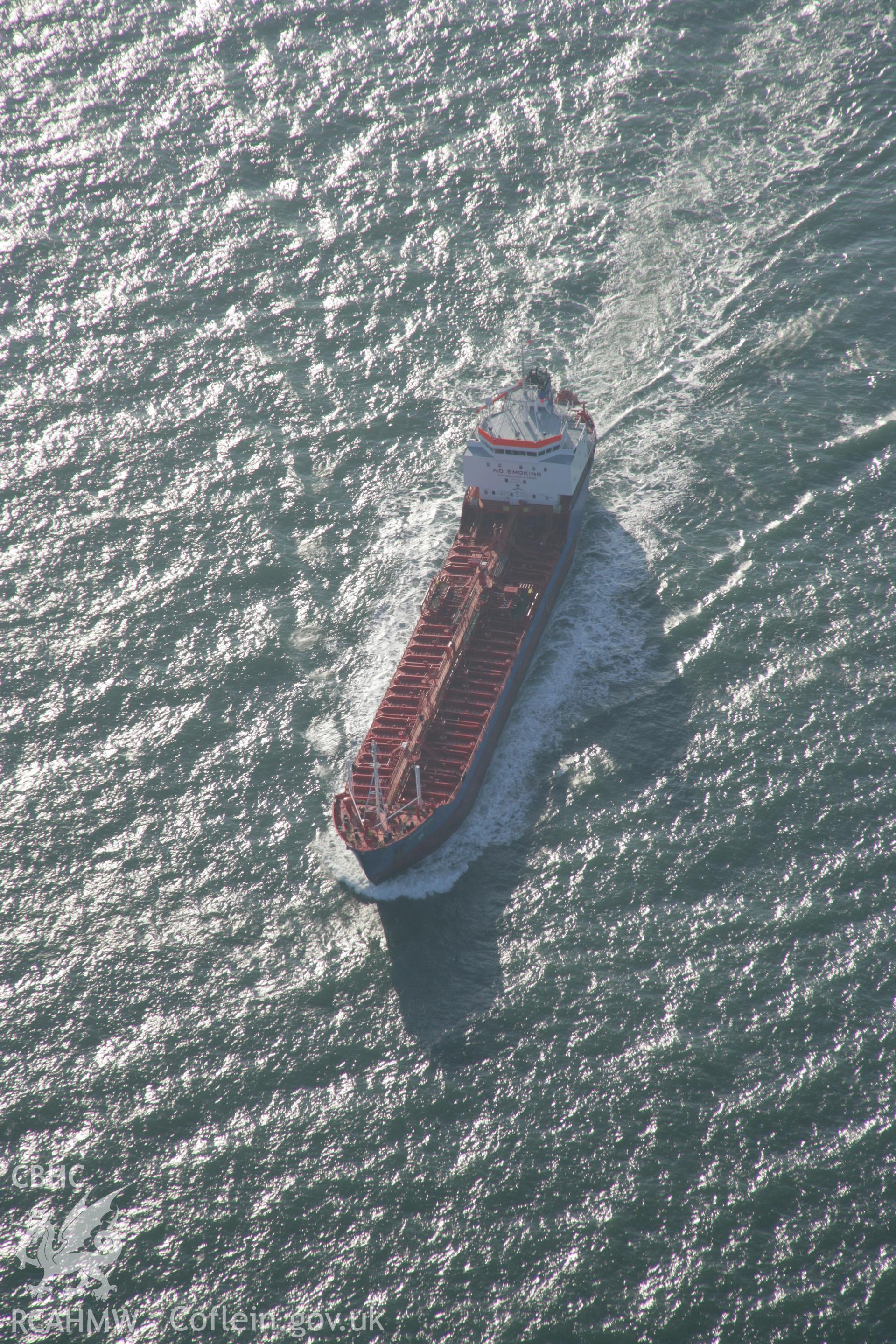 RCAHMW colour oblique aerial photograph of Milford Haven Waterway,showing tanker entering the mouth of Haven to the south-east of St Ann's Head. Taken on 19 November 2005 by Toby Driver
