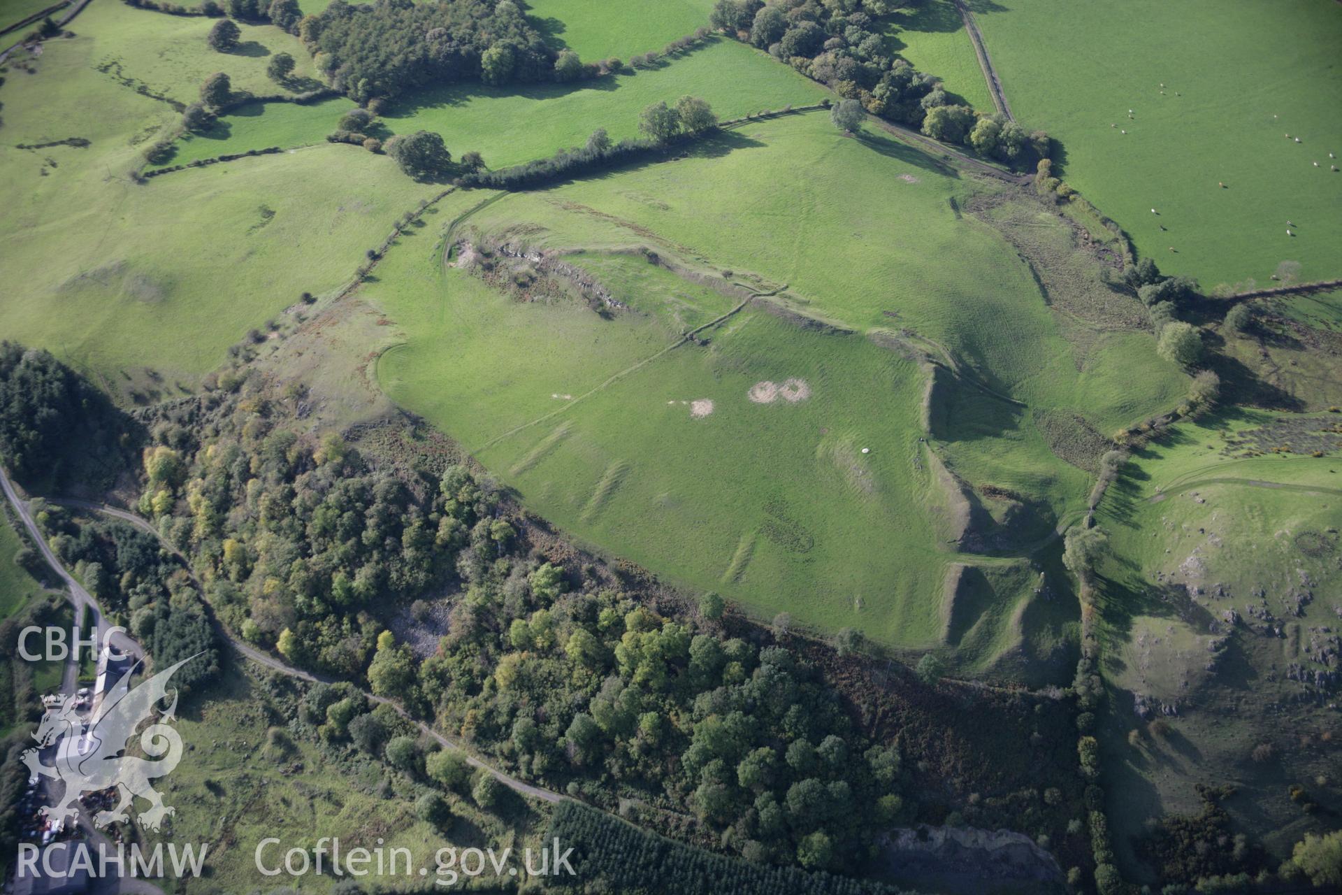 RCAHMW colour oblique aerial photograph of Graig Fawr Camp from the east with pillow mounds visible. Taken on 13 October 2005 by Toby Driver