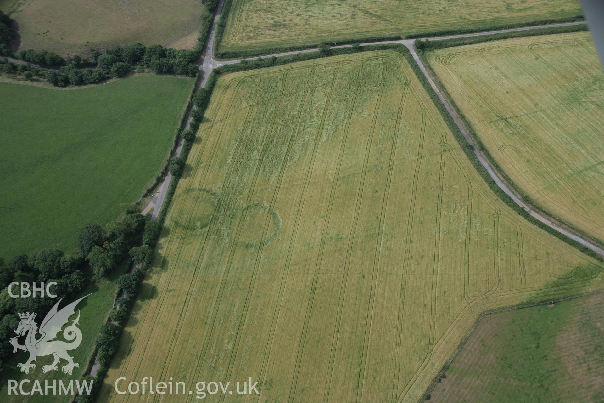 RCAHMW digital colour oblique photograph of the cropmarks of a triple ring ditch at Bryn Bodfel viewed from the north. Taken on 27/07/2005 by T.G. Driver.