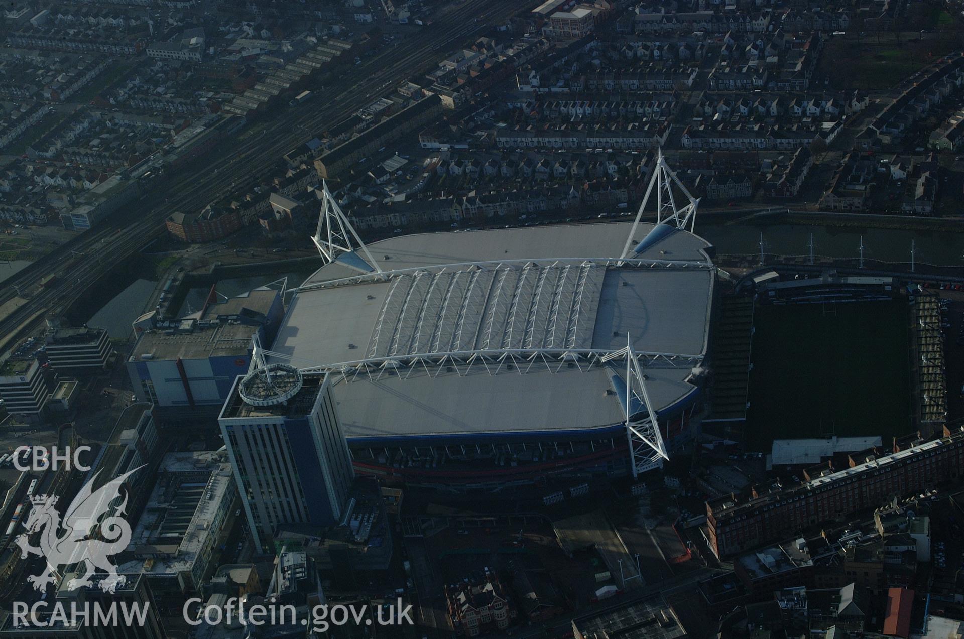 RCAHMW colour oblique aerial photograph of Cardiff Millennium Stadium taken on 13/01/2005 by Toby Driver