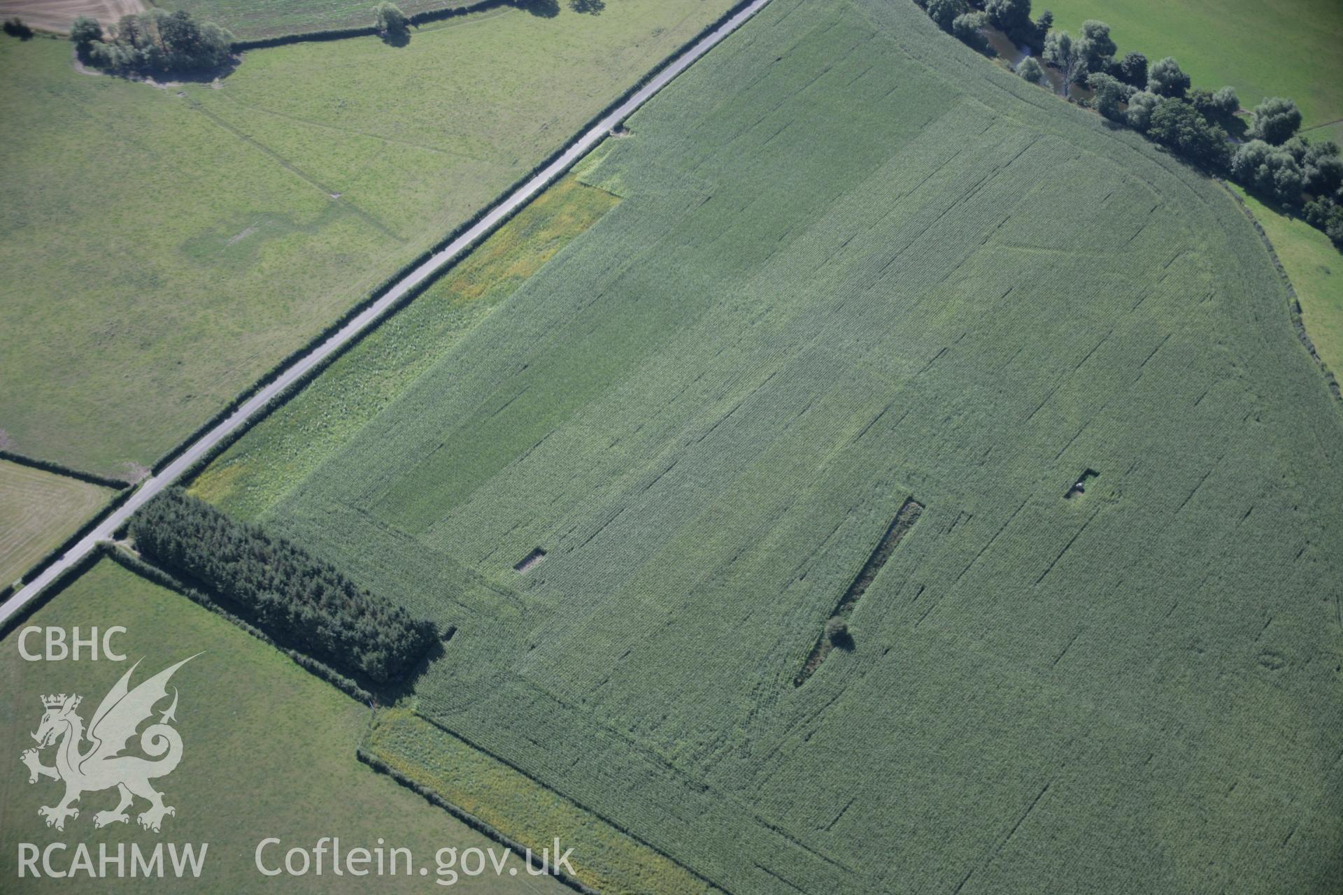 RCAHMW digital colour oblique photograph of Forden Gaer Roman Fort with emerging cropmarks viewed from the north-east. Taken on 02/09/2005 by T.G. Driver.