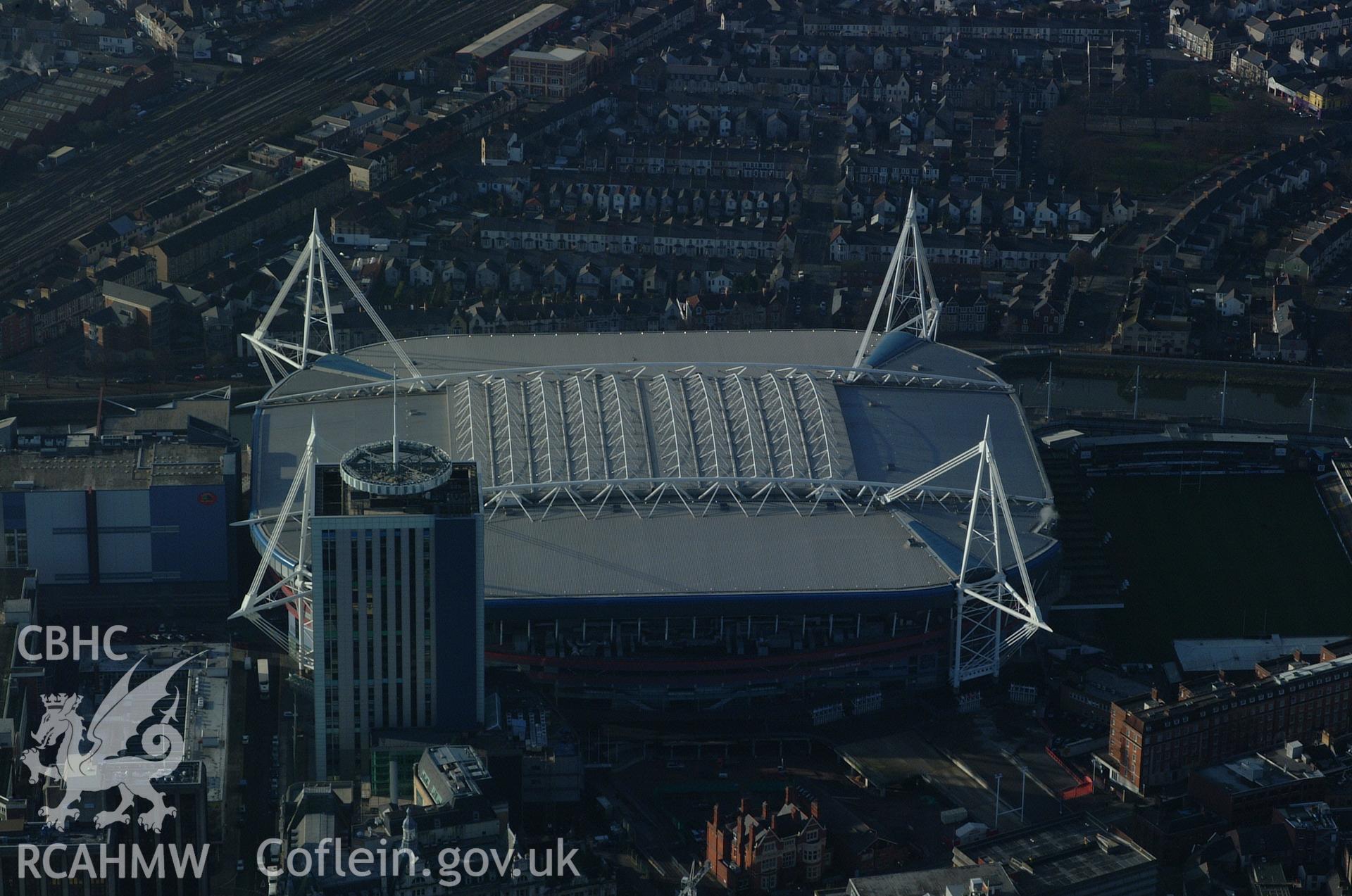 RCAHMW colour oblique aerial photograph of Cardiff Millennium Stadium taken on 13/01/2005 by Toby Driver