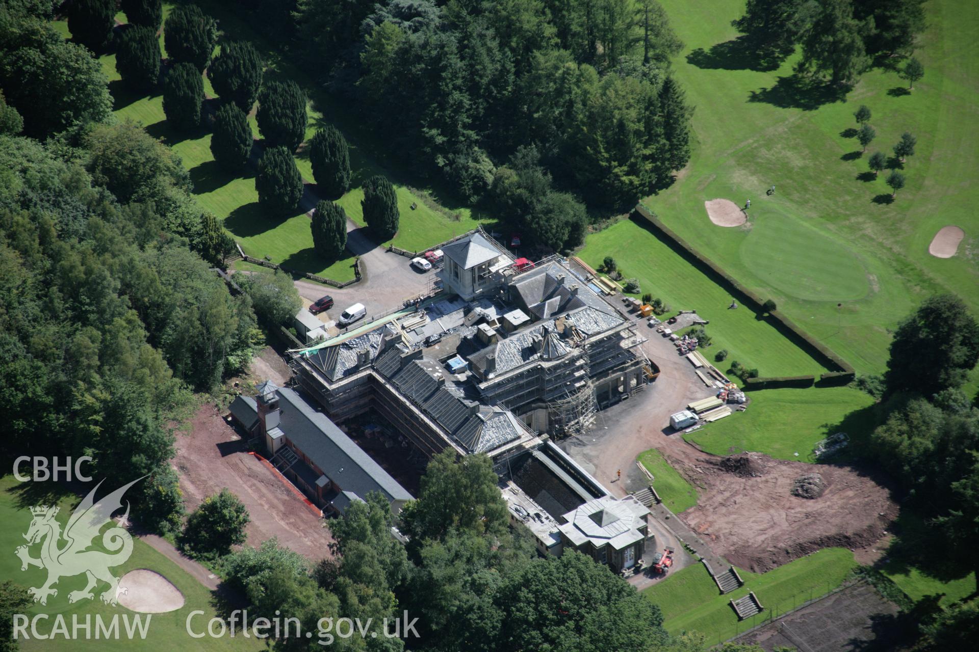 RCAHMW colour oblique aerial photograph of Penoyre Country House viewed from the north-west. Taken on 02 September 2005 by Toby Driver