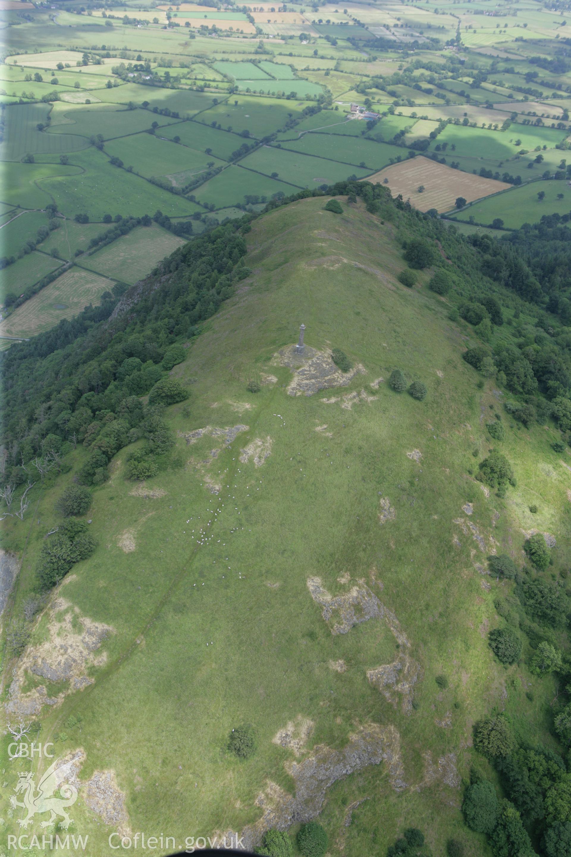 RCAHMW colour oblique photograph of Breddin Hillfort, with Rodney's pillar. Taken by Toby Driver on 01/07/2008.