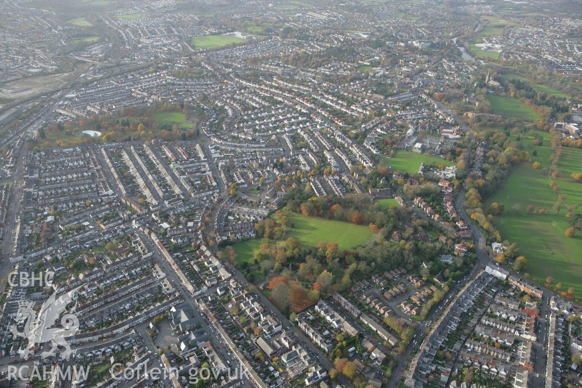 RCAHMW colour oblique photograph of Thompson Park (Sir David's Fields) and housing at Canton and Llandaff, Cardiff. Taken by Toby Driver on 12/11/2008.