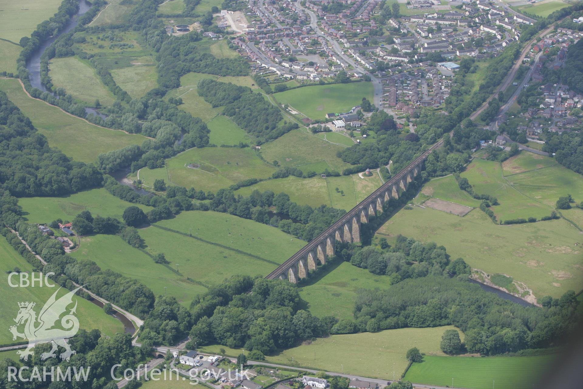 RCAHMW colour oblique photograph of Cefn Bychan (Newbridge) Viaduct. Taken by Toby Driver on 01/07/2008.